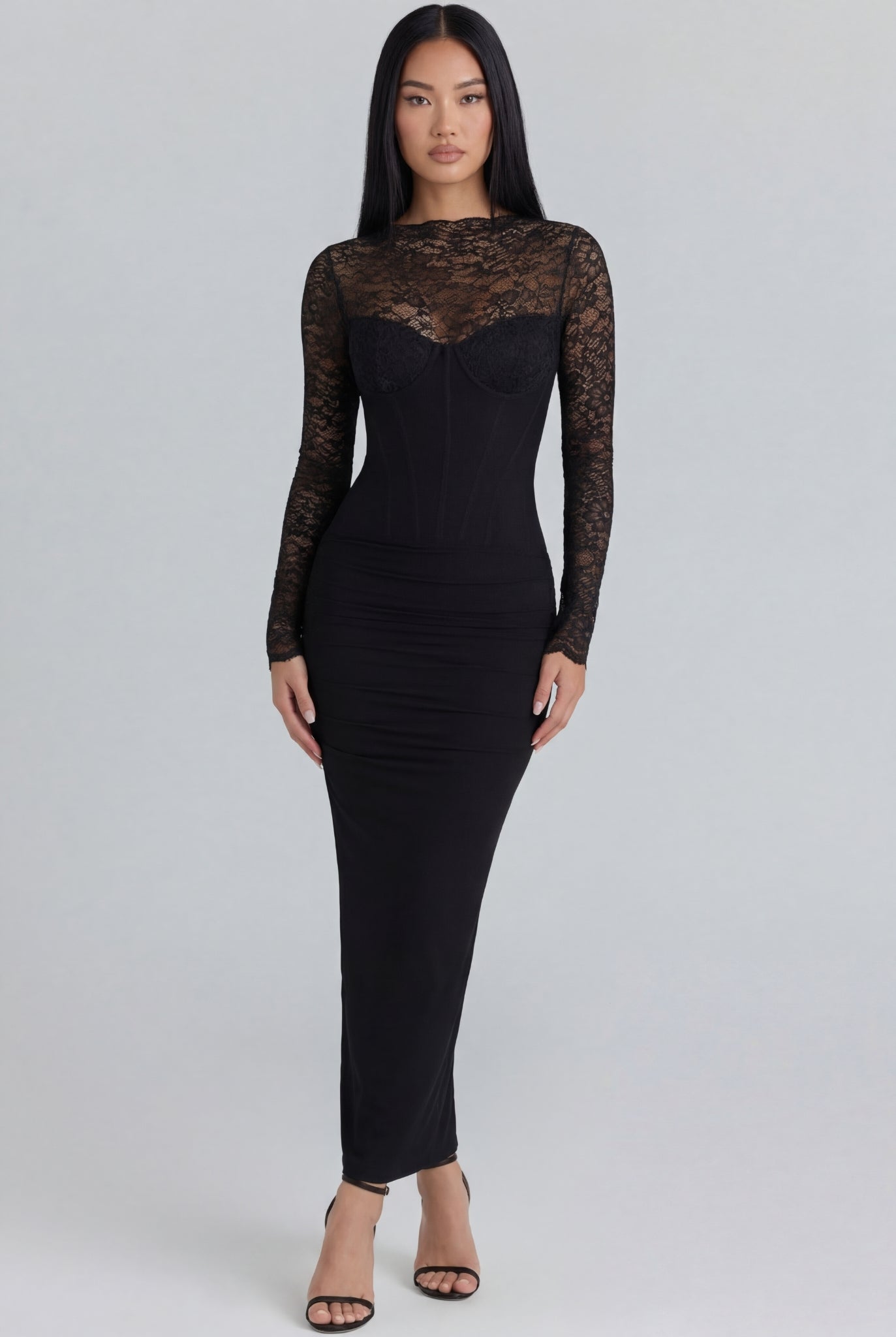 Yorumi Black Lace Long Sleeve Corset Maxi Dress