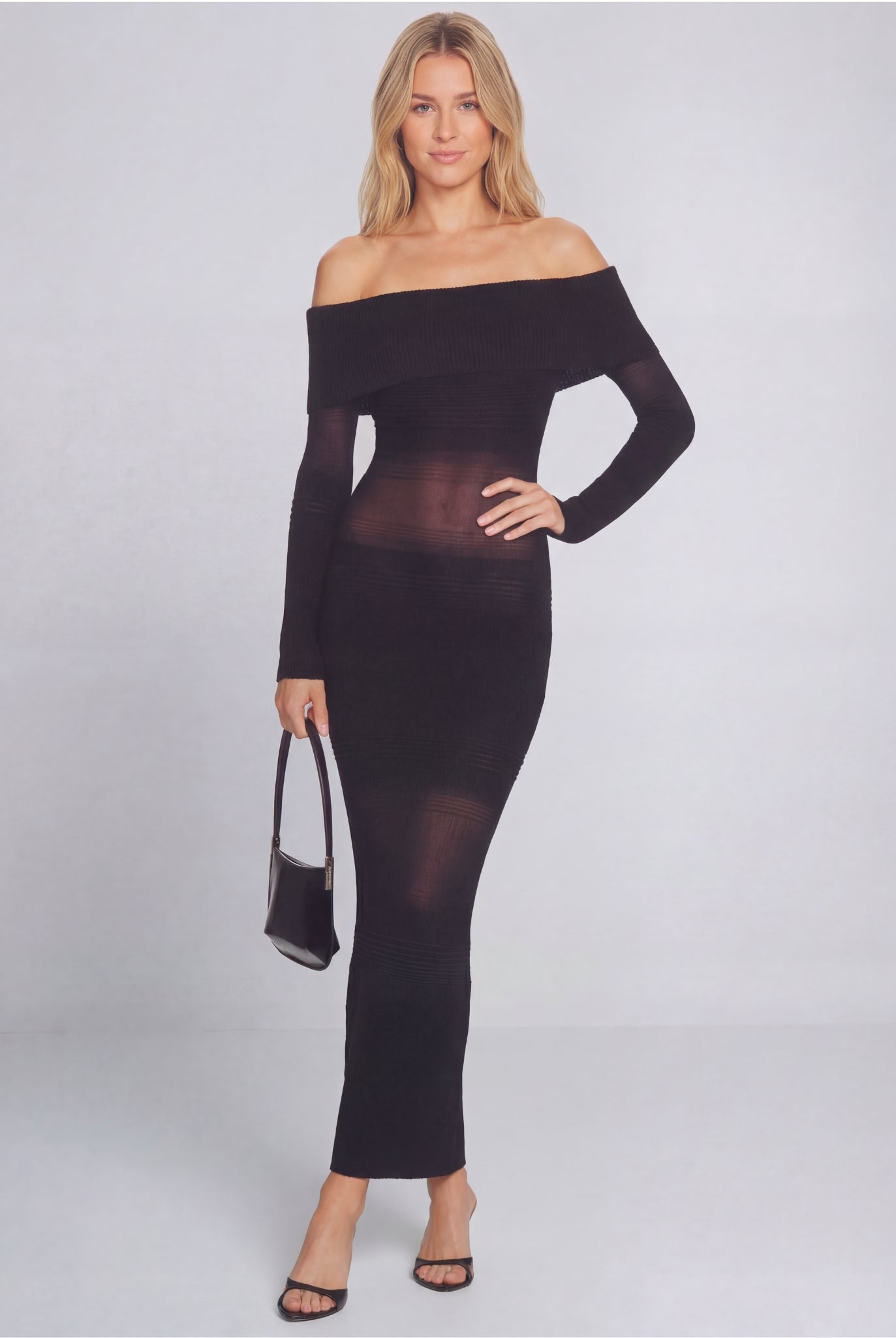Venturi Off-Shoulder Sheer Knit Maxi Dress Black