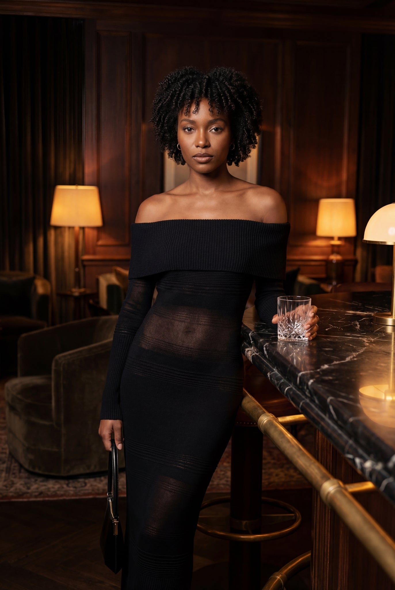 Venturi Off-Shoulder Sheer Knit Maxi Dress Black