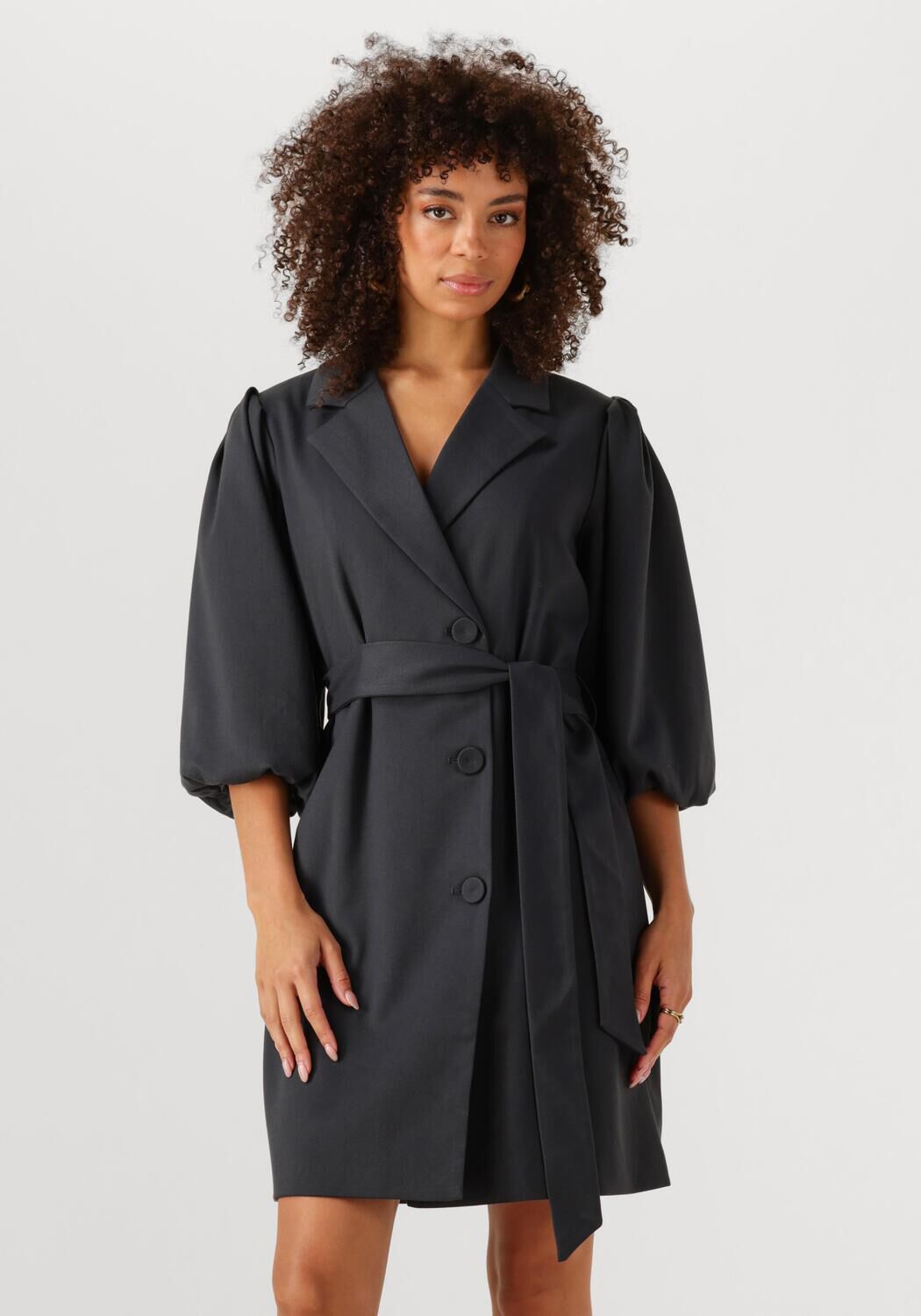 Black Cammy belted blazer mini dress by Pink Baby, featuring a tailored fit and stylish lapel collar.