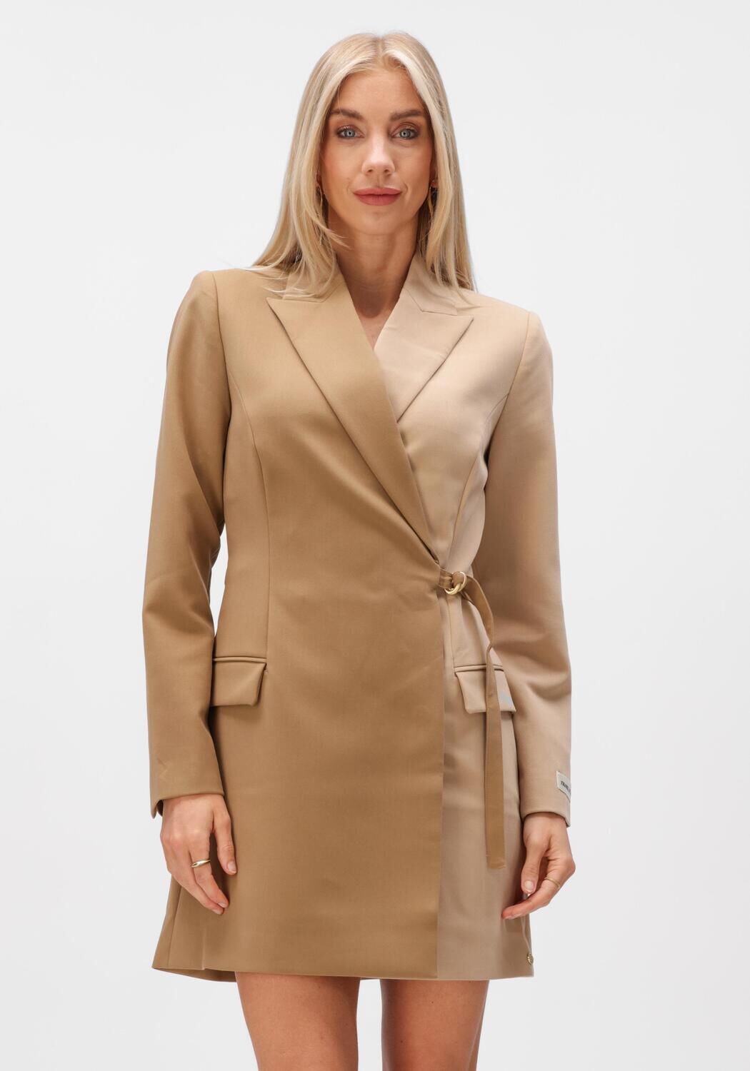 Pink Baby Layla Two-Tone Blazer Mini Dress in camel with tailored fit and stylish lapel collar, perfect for chic occasions.