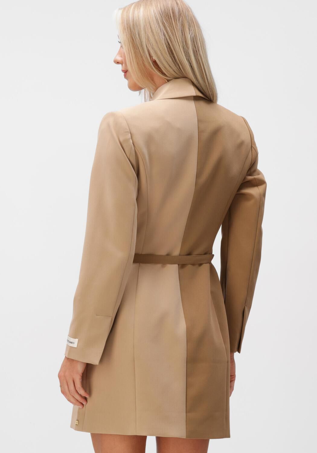 Pink Baby Layla Two-Tone Blazer Mini Dress in camel color, featuring a stylish blazer design and fitted silhouette.