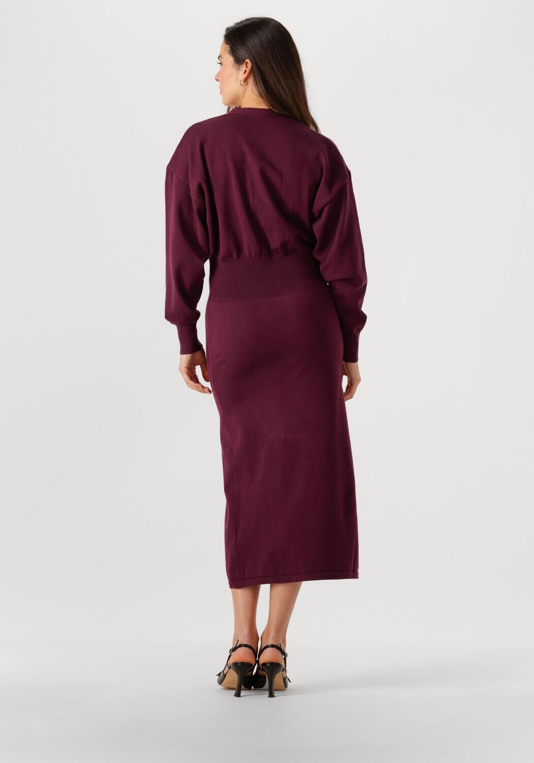 Pink Baby burgundy knit midi dress with button-front design, styled with long sleeves and a fitted silhouette.