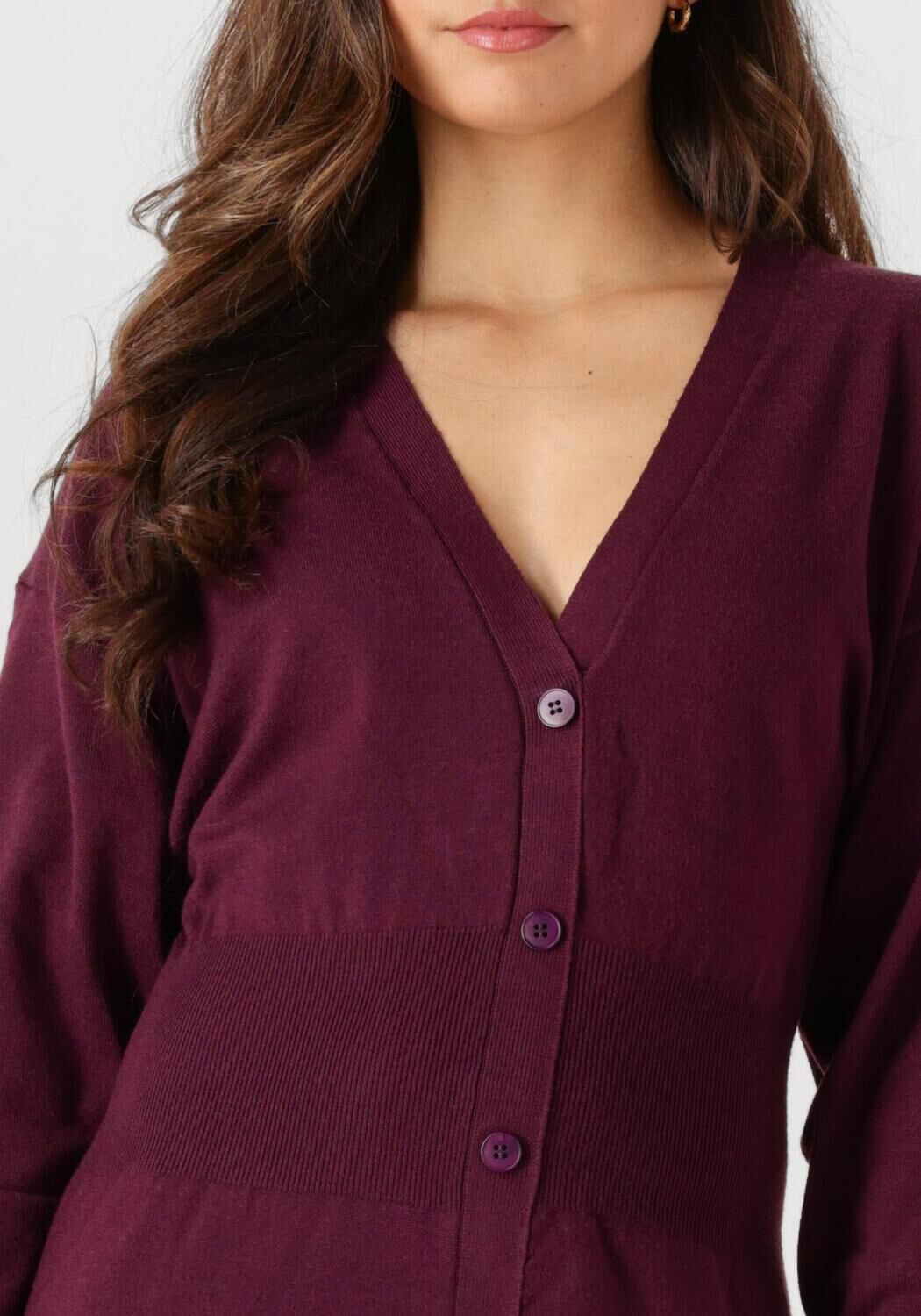 Pink Baby burgundy button-front knit midi dress with long sleeves and a fitted waist for stylish comfort.