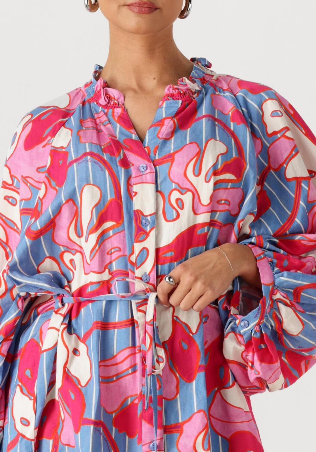Pink Baby Paloma abstract print belted mini dress in pink and blue, featuring a stylish design and waist belt.
