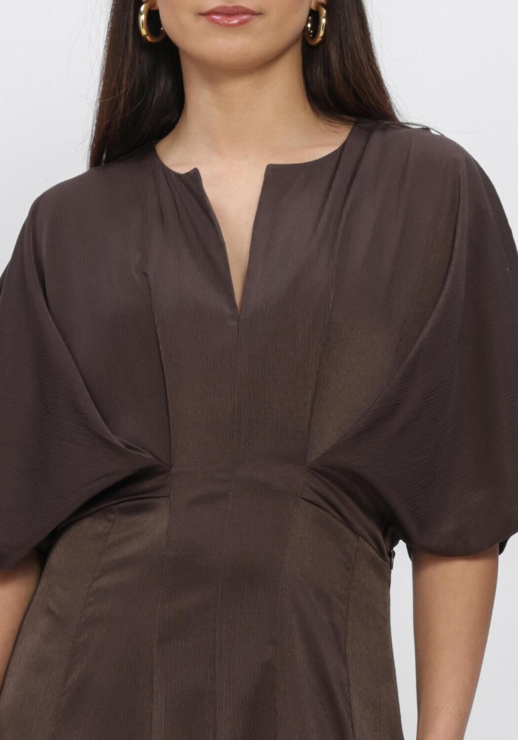 Pink Baby Jena Sculpted Waist Maxi Dress in rich chocolate brown fabric, featuring a fitted bodice and flowing skirt.
