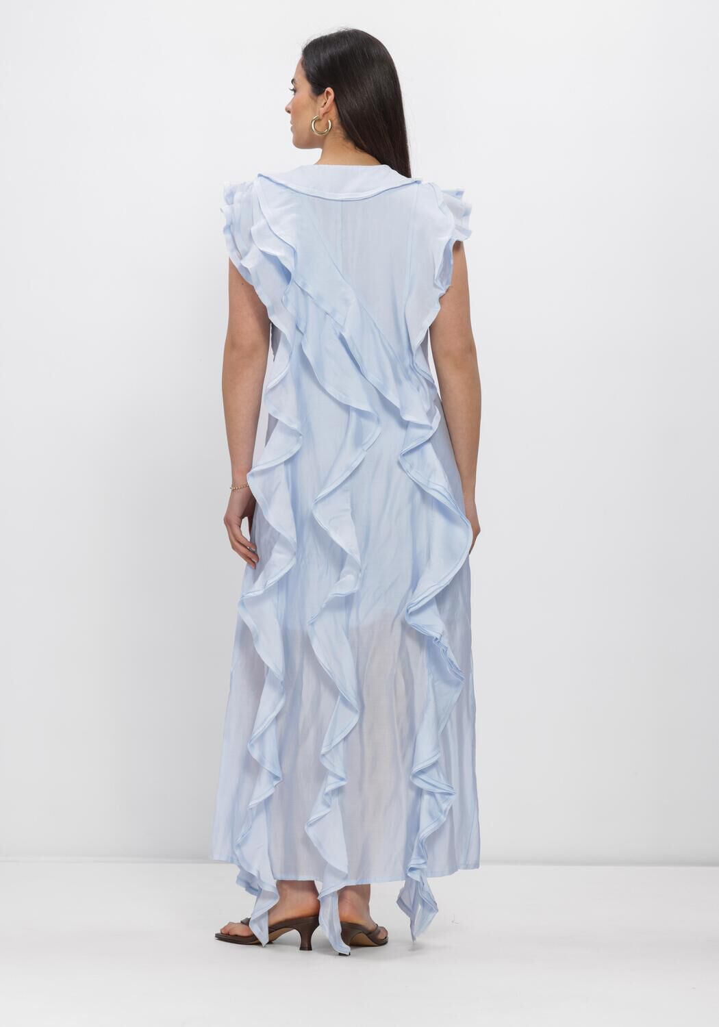 Pink Baby Diana ruffled maxi dress in soft blue, featuring flowing fabric and elegant ruffle details.