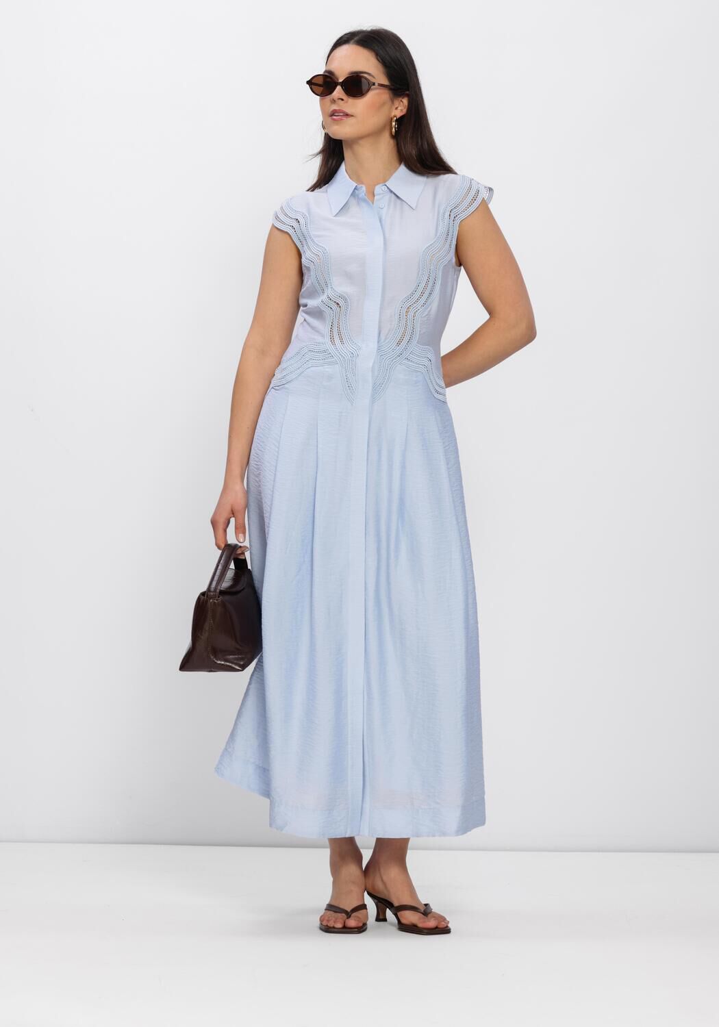 Light blue Faisa lace-trim maxi shirt dress by Pink Baby, featuring a relaxed fit and elegant lace details.