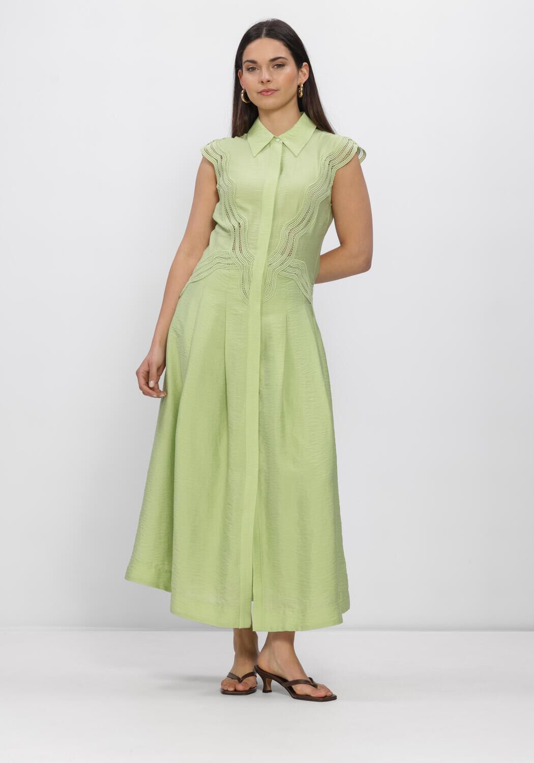 Pink Baby Alessia lace-trim maxi dress in sage green, featuring a flowy design and elegant lace detailing.