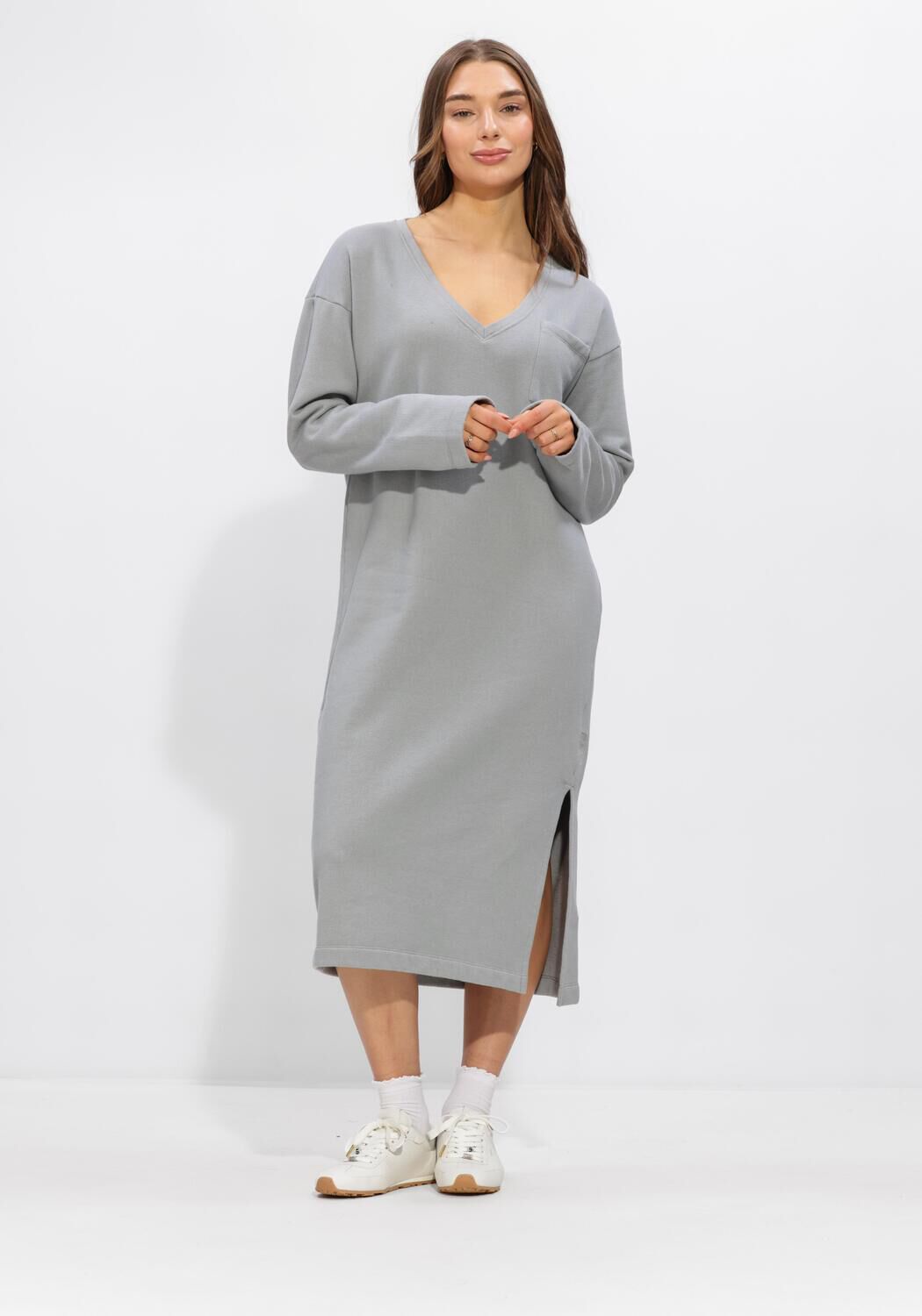 Pink Baby Sammie relaxed V-neck midi dress in mist grey, featuring a flowy, comfortable design perfect for casual wear.
