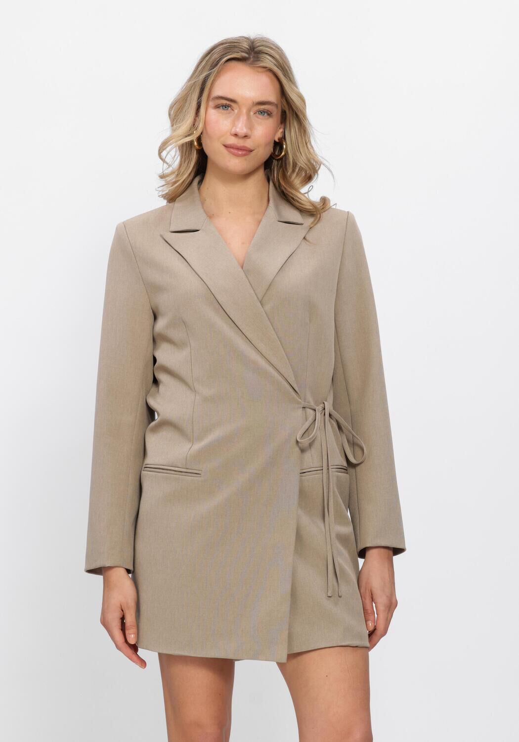 Pink Baby Amarie tailored wrap blazer mini dress in taupe, featuring a fitted silhouette and stylish lapel detail.