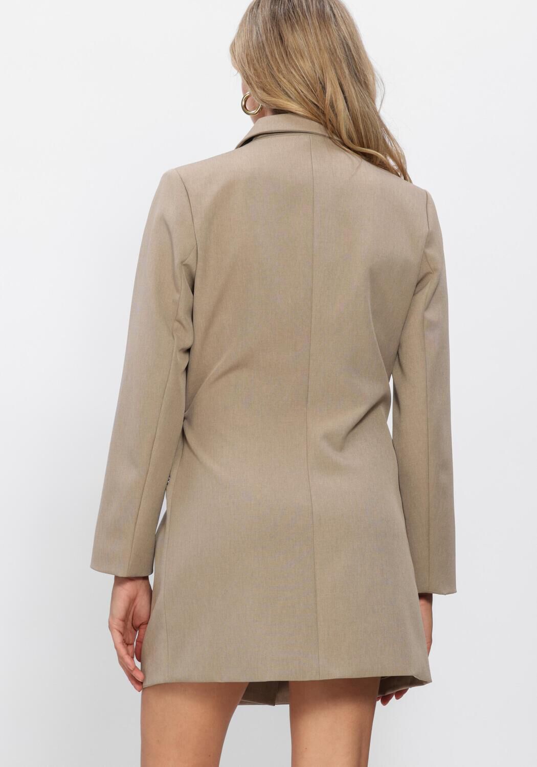 Pink Baby Amarie tailored wrap blazer mini dress in taupe, featuring a stylish fitted design and classic lapel collar.