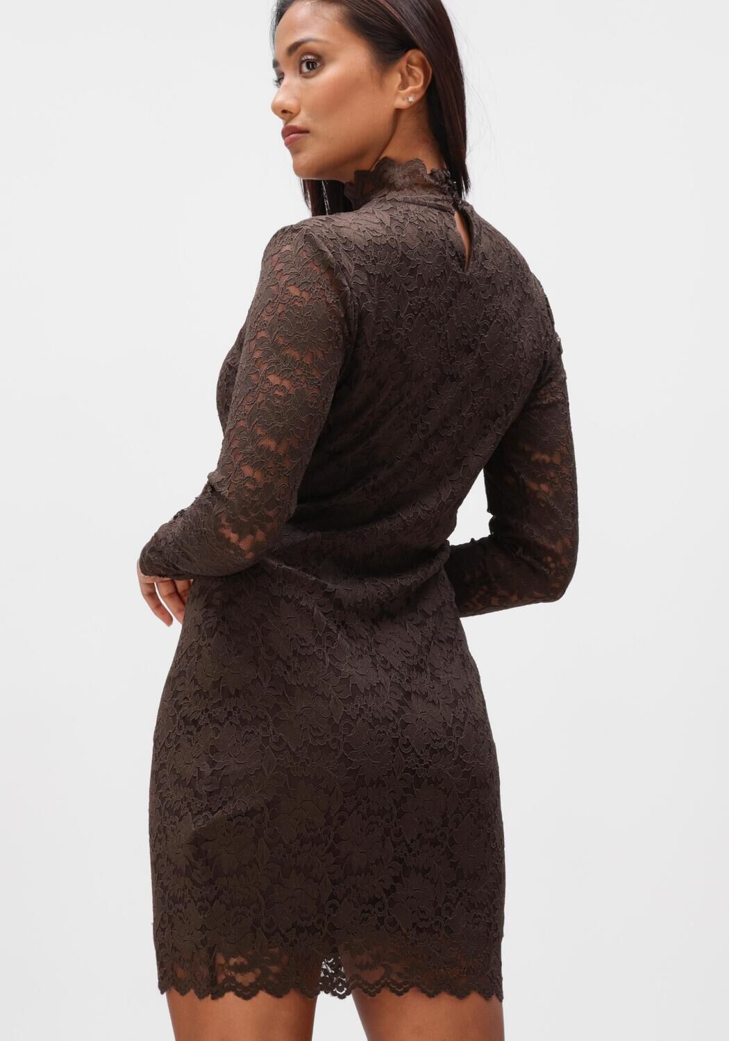 Pink Baby Celestine high-neck lace mini dress in chocolate brown, featuring intricate lace details and a fitted silhouette.