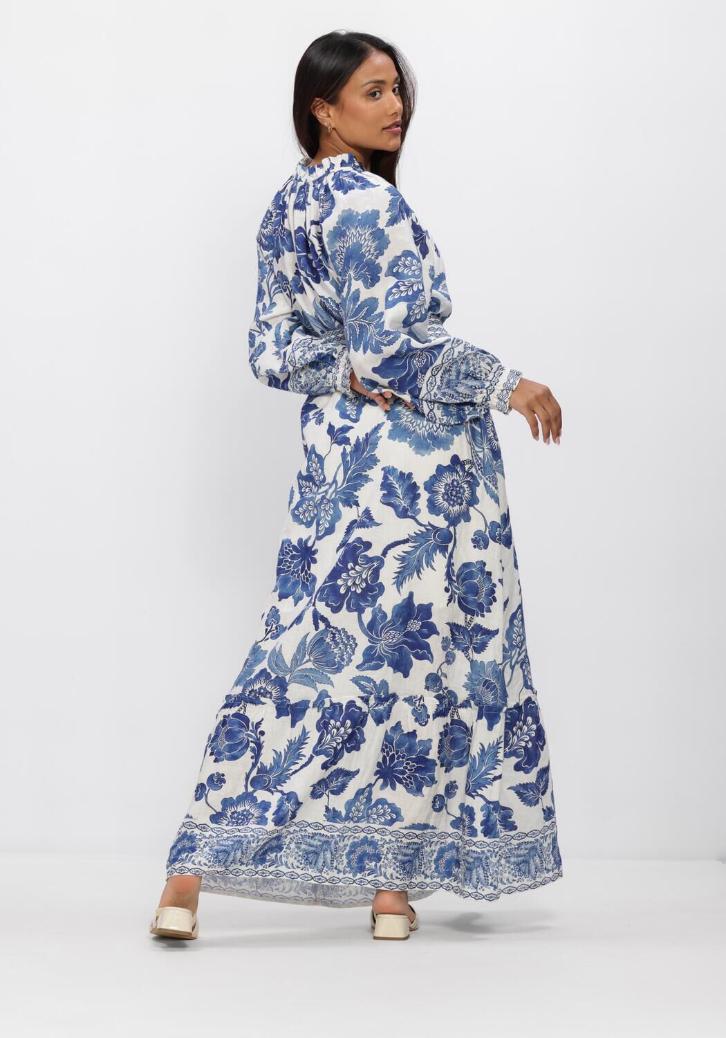Pink Baby Isadora floral belted maxi dress in blue and white with a flowing design and waist tie, perfect for summer wear.
