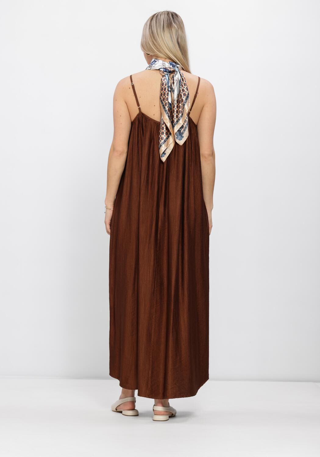 Pink Baby Sofia pleated satin maxi dress in rich chocolate brown, featuring a flowing design and elegant pleats.