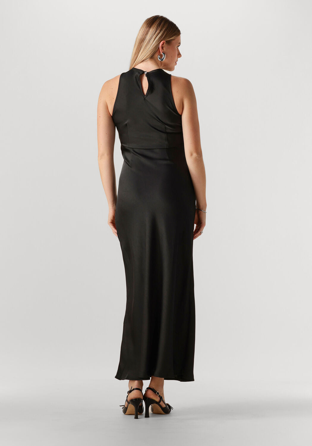Black Aliya Satin High-Neck Maxi Dress by Pink Baby, featuring a elegant high neckline and flowing satin fabric.