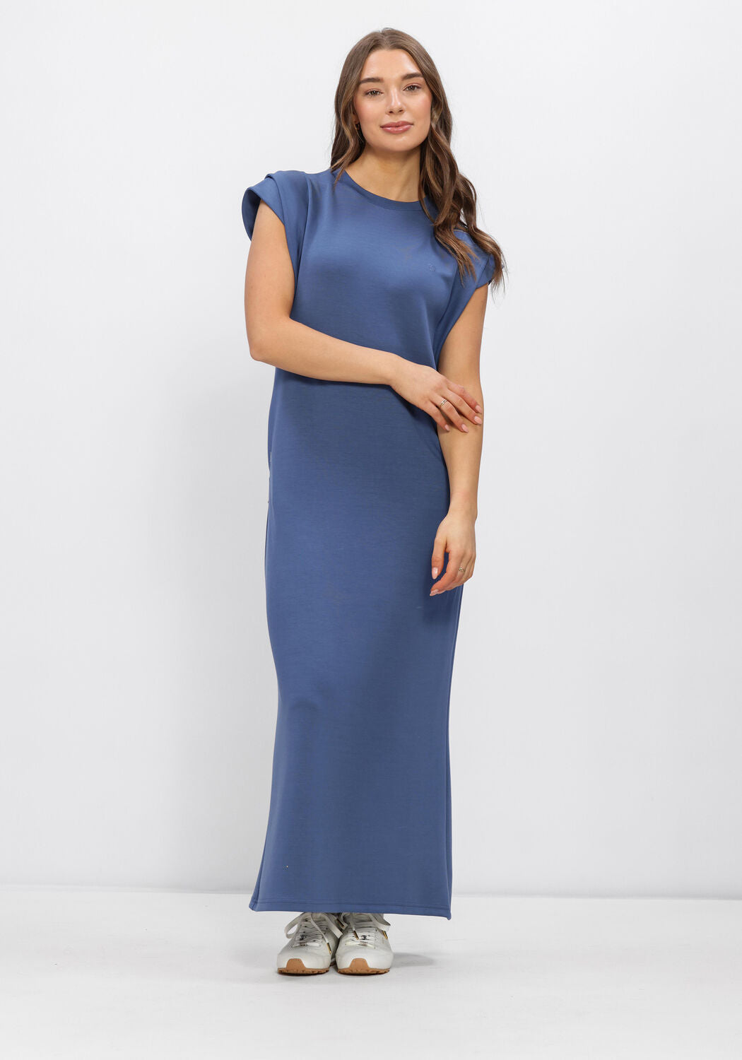 Pink Baby Adriana cap-sleeve column maxi dress in dusty blue, elegant floor-length dress with a fitted silhouette and flowing fabric.