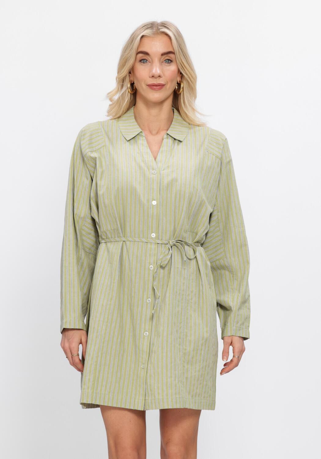 Pink Baby Emilia striped belted shirt dress in sage green, featuring a classic collar, long sleeves, and waist belt.