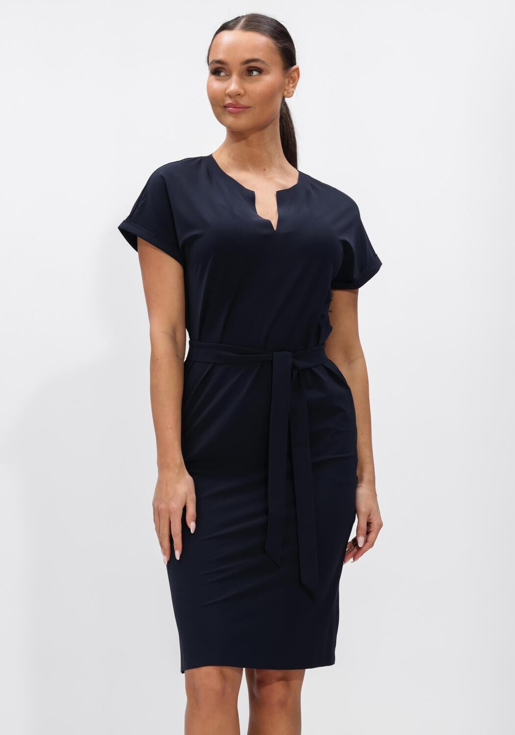 Pink Baby Serena belted notch-neck navy midi dress with sleeveless design and waist belt, suitable for casual or semi-formal wear.