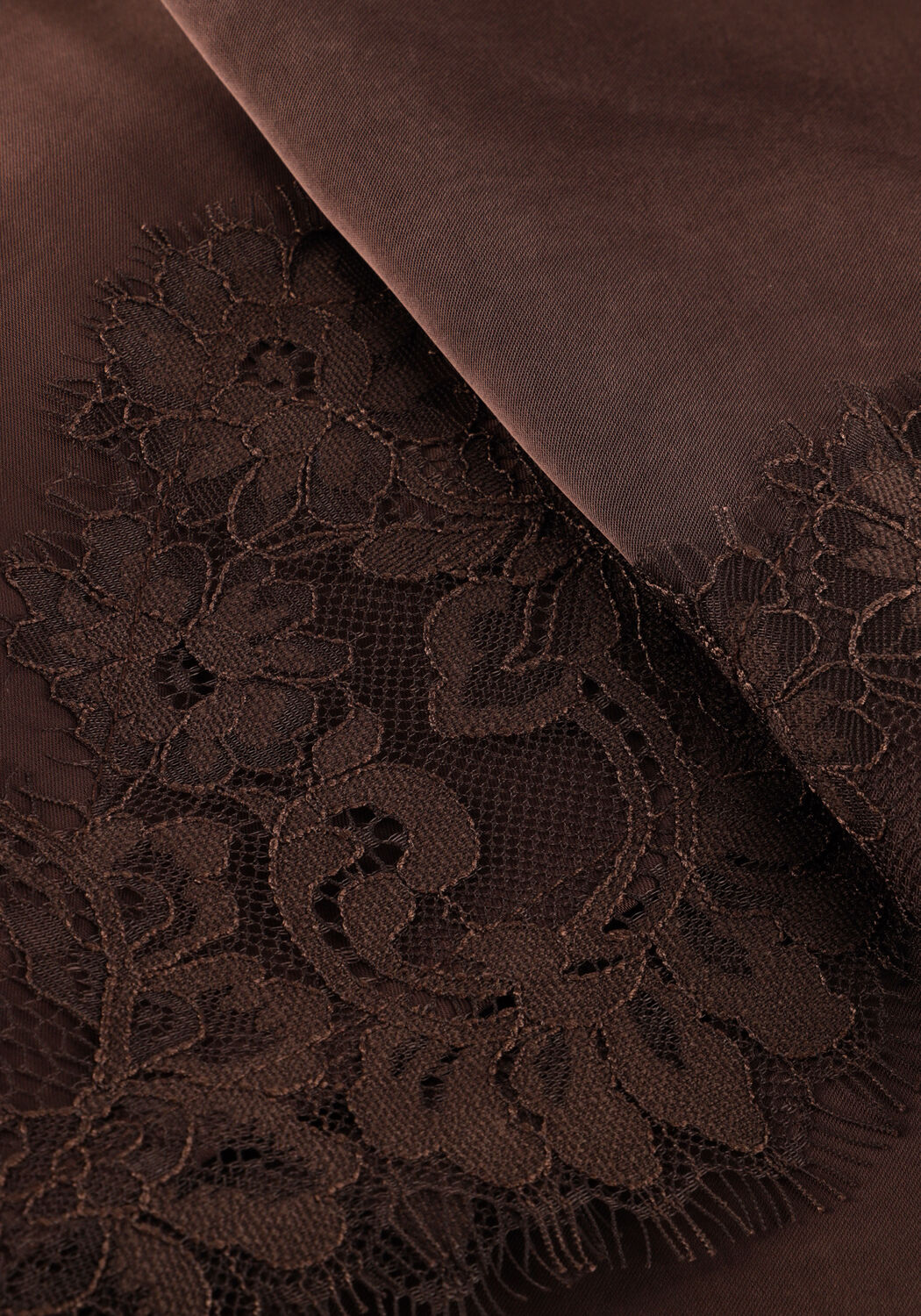 Charlotte brown satin slip dress with lace trim by Pink Baby, featuring a smooth satin fabric and delicate lace accents.
