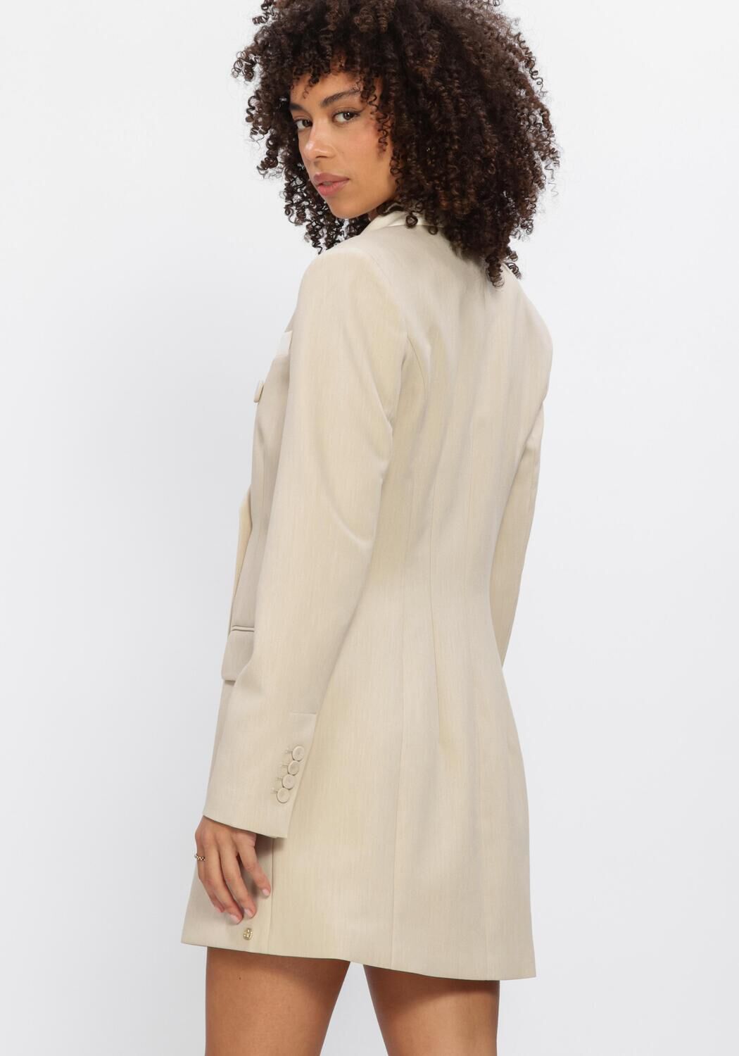 Pink Baby Isabel beige tailored double-breasted blazer mini dress, stylish and fitted with lapels and long sleeves.