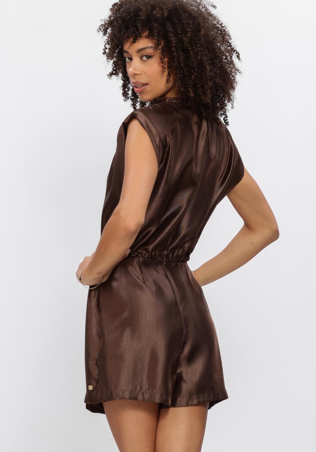 Pink Baby Valena Satin Mock-Neck Mini Dress in chocolate brown, featuring satin fabric and a stylish mock-neck design.