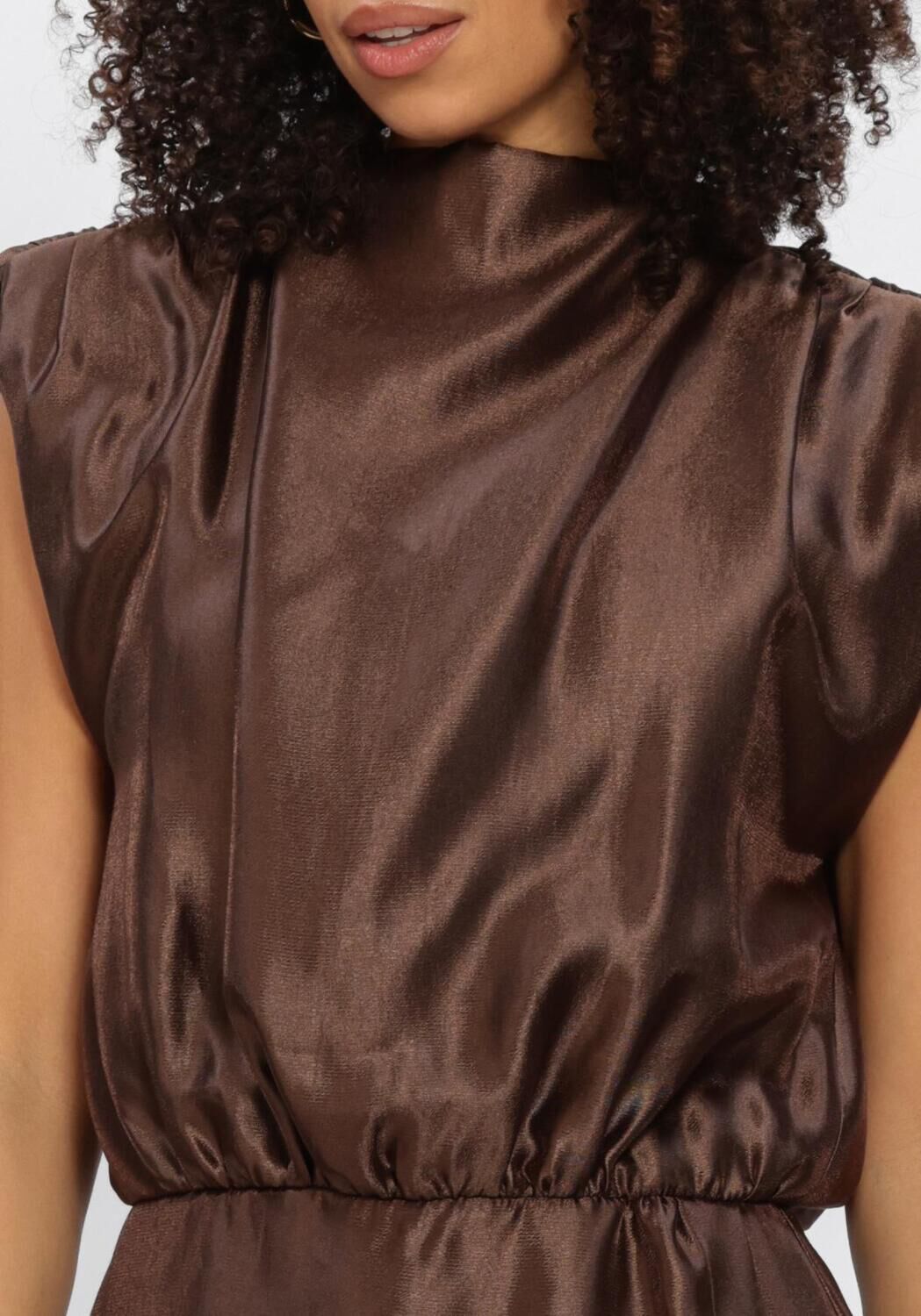 Pink Baby Valena Satin Mock-Neck Mini Dress in chocolate brown, showcasing a stylish satin fabric and elegant mock-neck design.