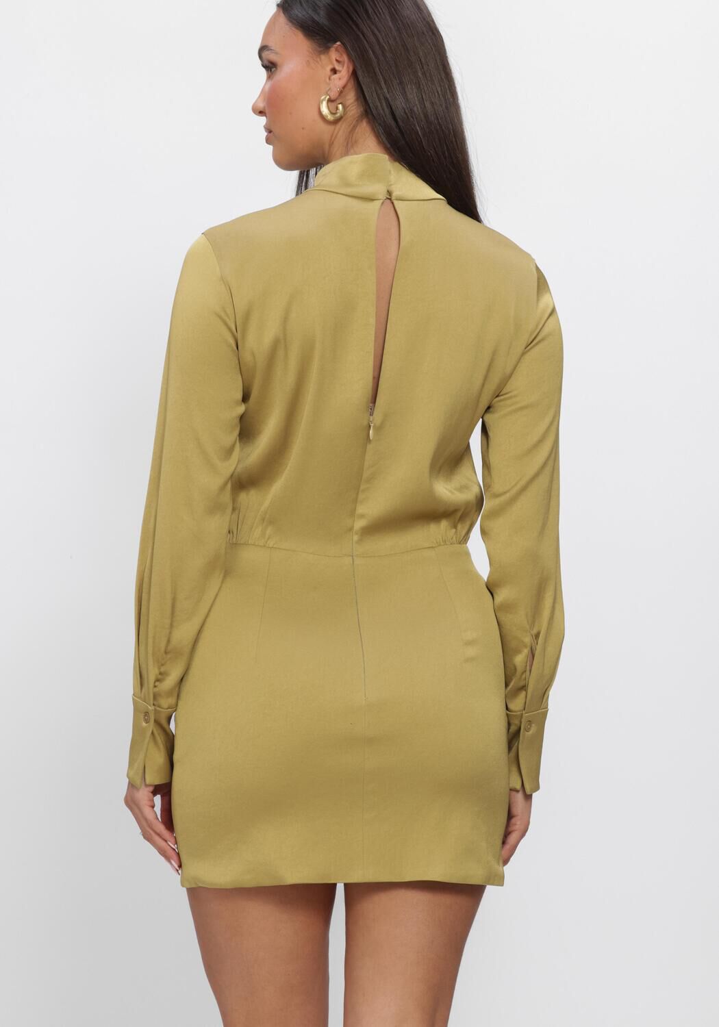 Pink Baby Claudia high-neck satin mini dress in olive color, featuring a stylish high neckline and smooth satin fabric.