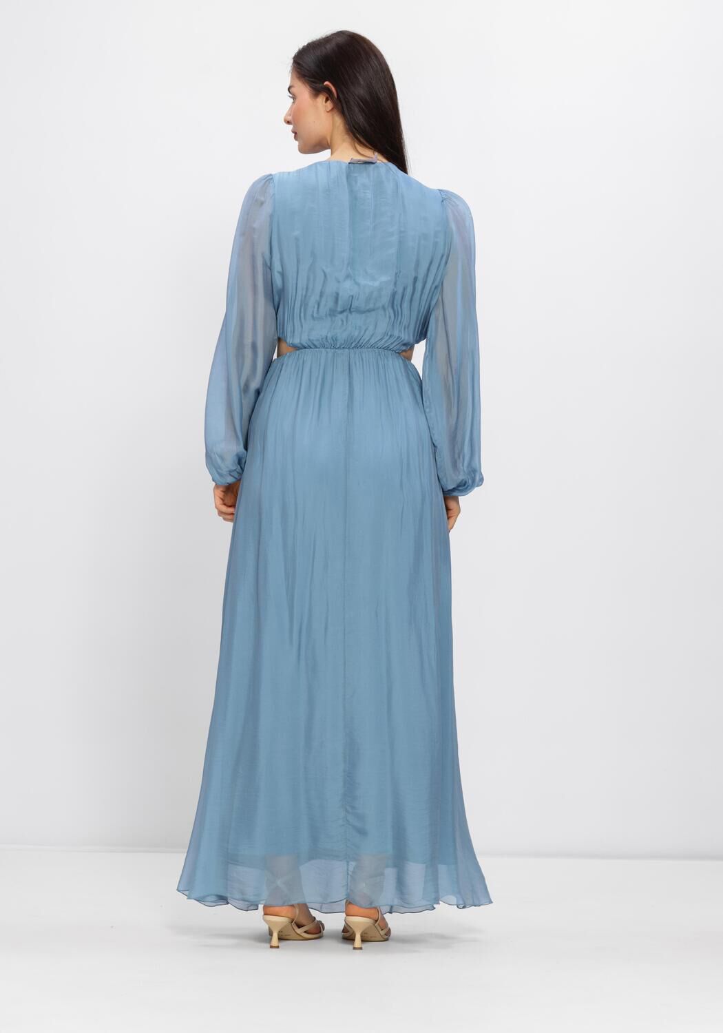 Dusty blue Arielle Cut-Out Wrap Maxi Dress by Pink Baby featuring a stylish wrap design and elegant cut-outs.