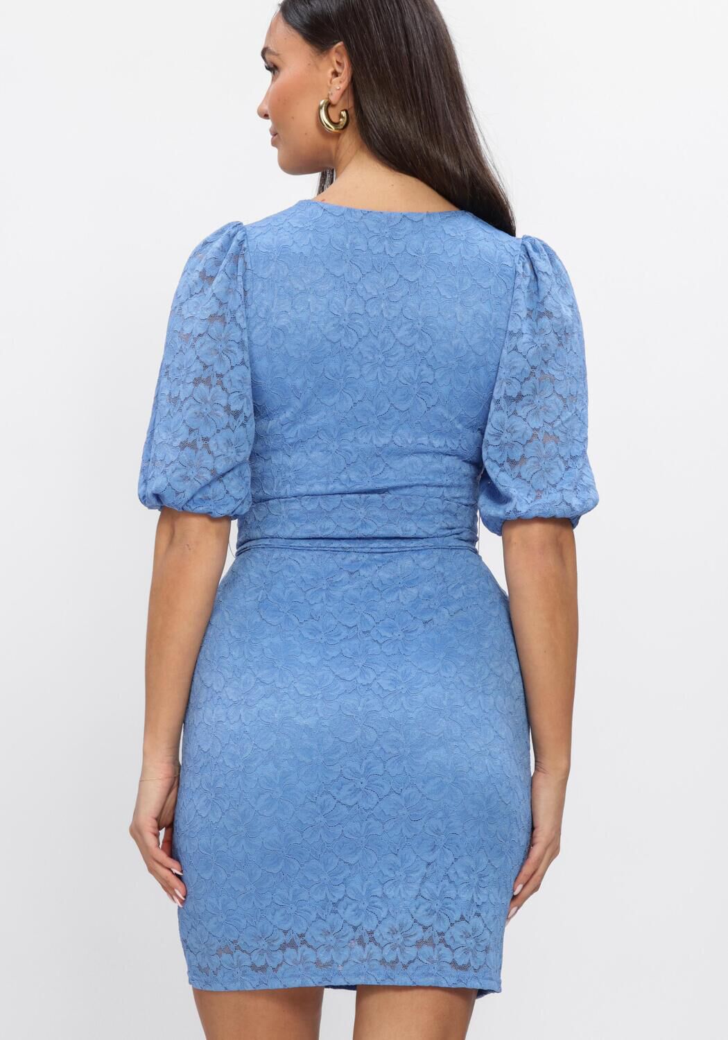 Pink Baby Mirabelle lace wrap mini dress in cornflower blue, featuring delicate lace details and a stylish short length.