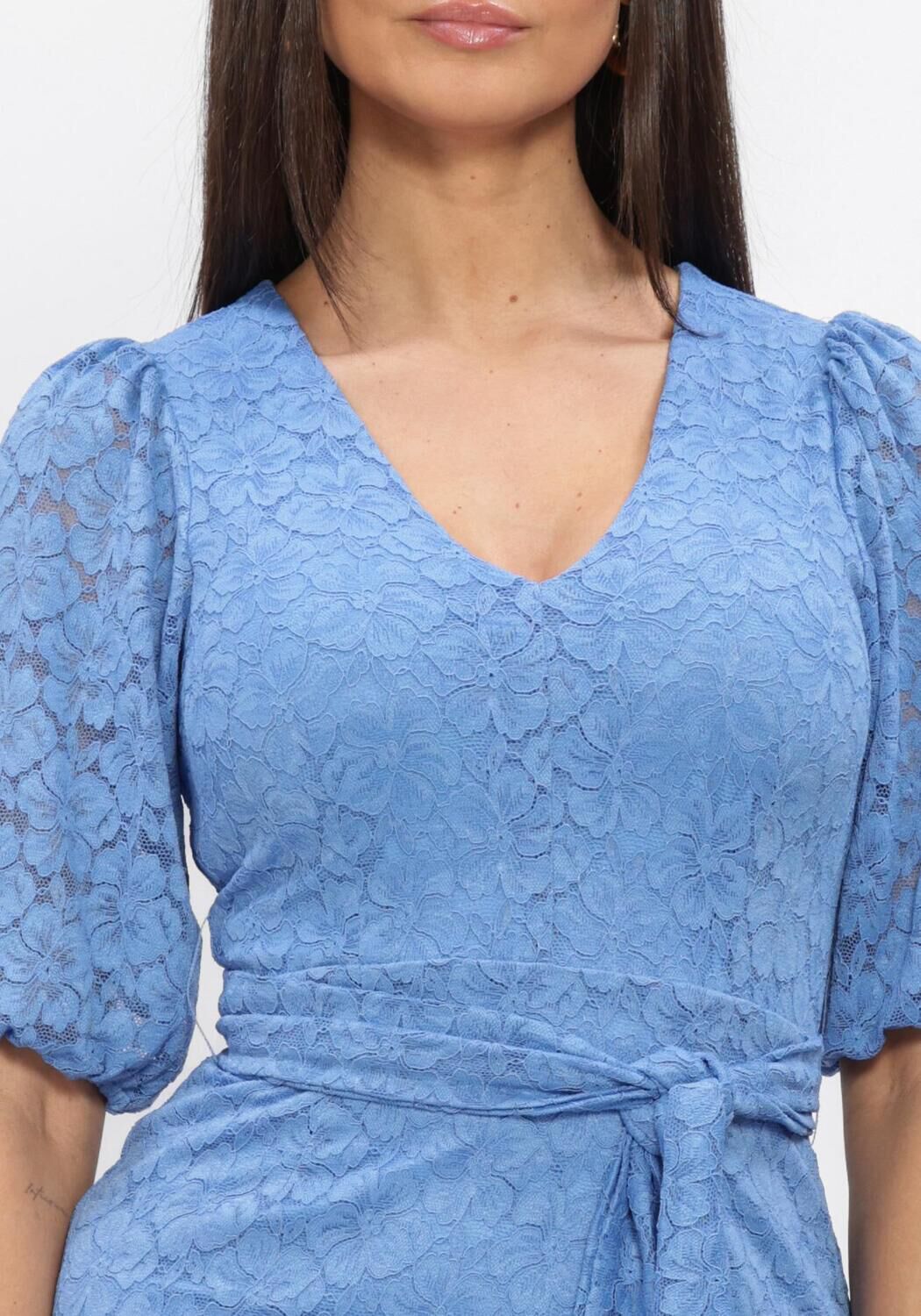Pink Baby Mirabelle Lace Wrap Mini Dress in cornflower blue, featuring delicate lace details and a stylish wrap design.