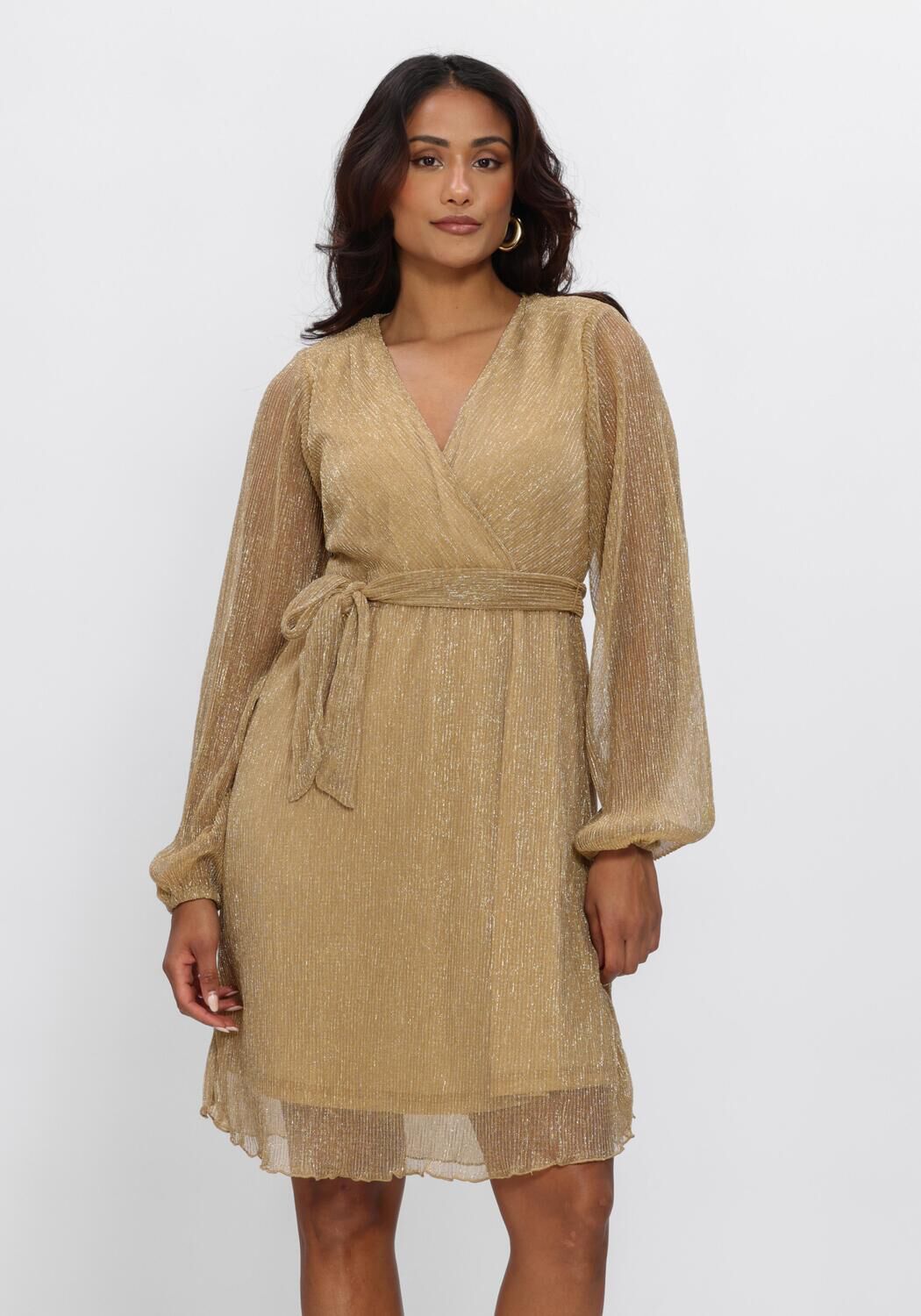 Pink Baby Maristella Shimmer Wrap Mini Dress in gold, featuring a stylish wrap design and shimmering fabric for elegant occasions.