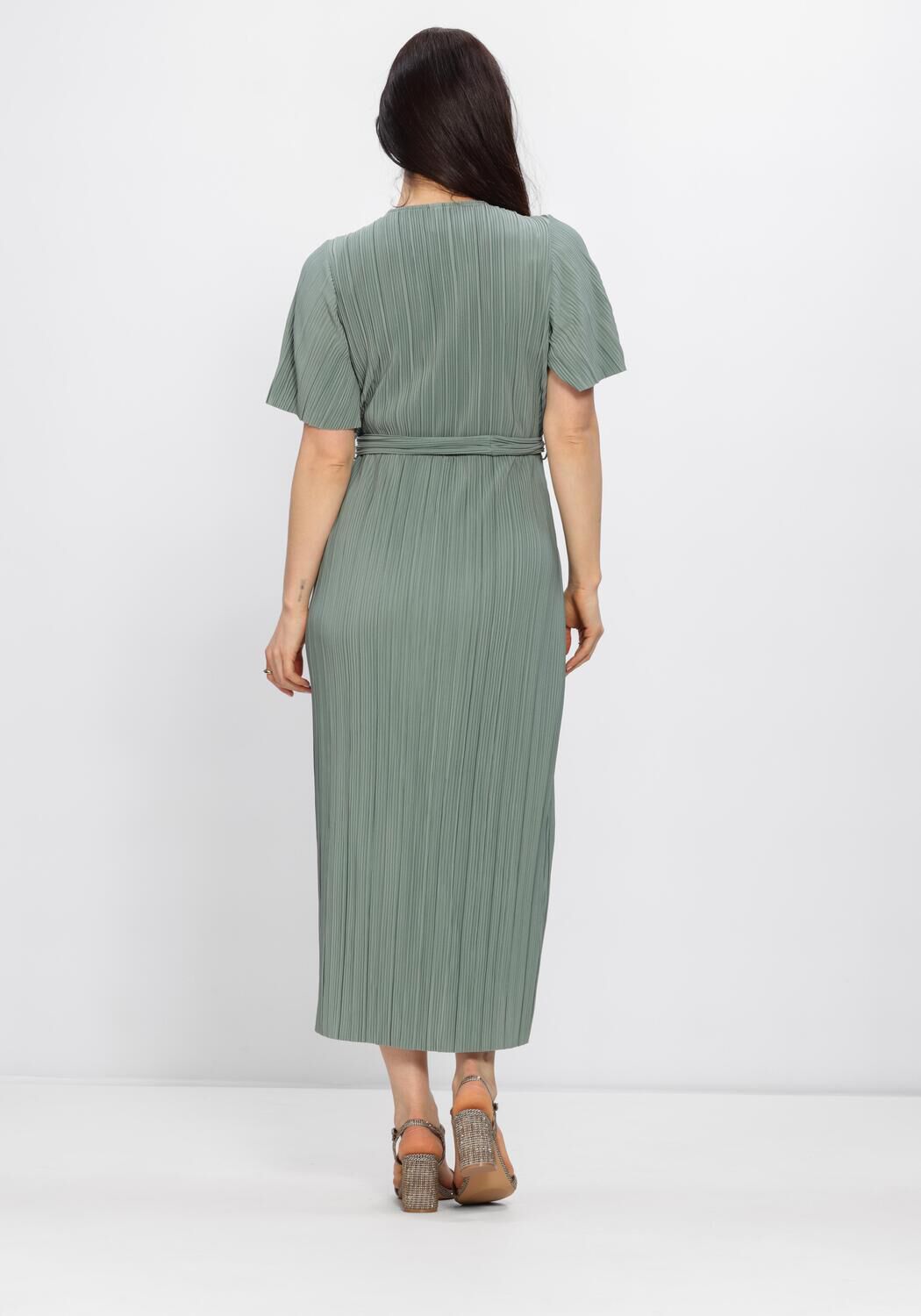 Sage green Aveline pleated wrap midi dress by Pink Baby with a flattering waist tie and flowing fabric.