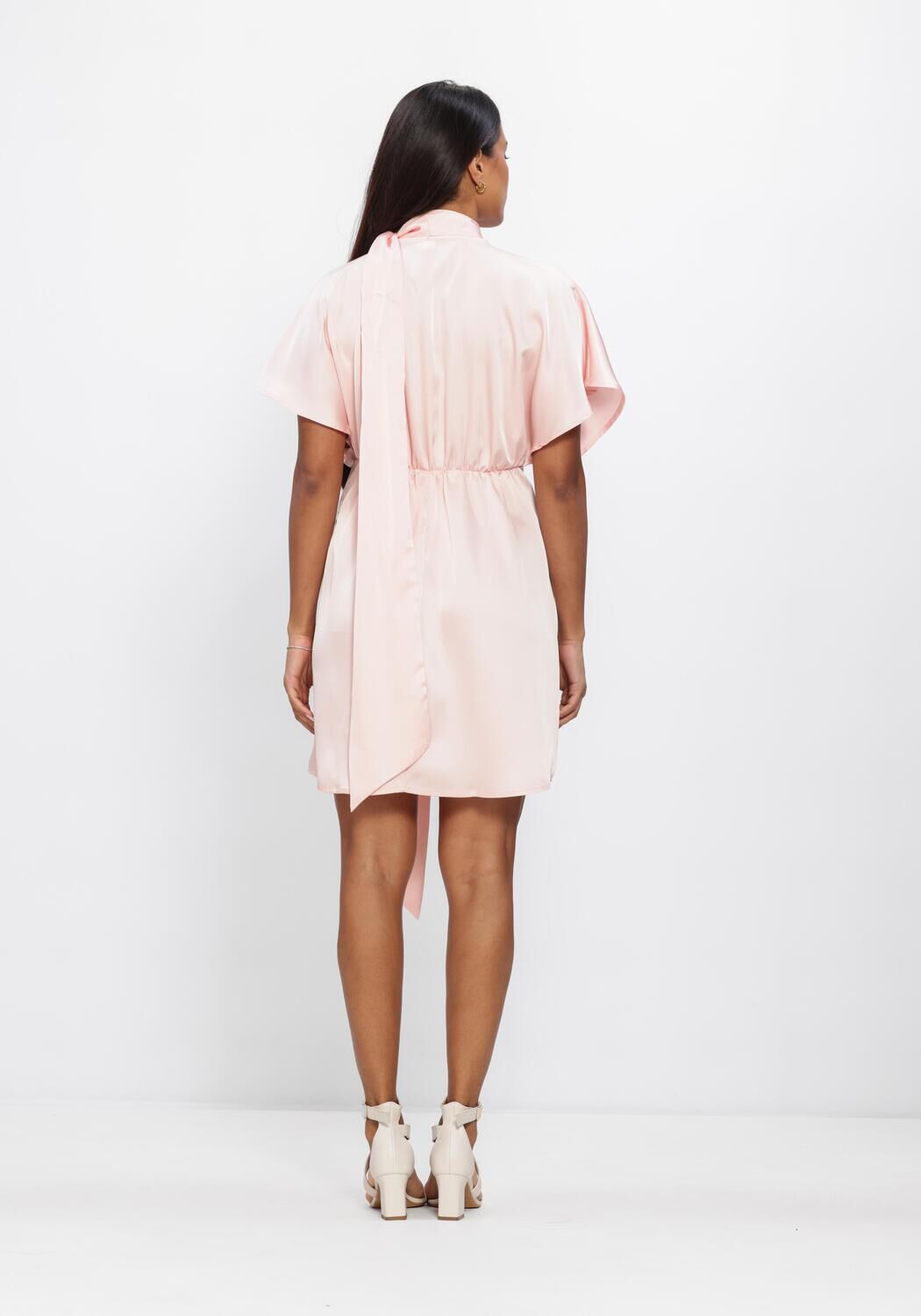 Pink Baby Amandine satin mini dress with blush pink scarf-tie detail, elegant and stylish for special occasions.