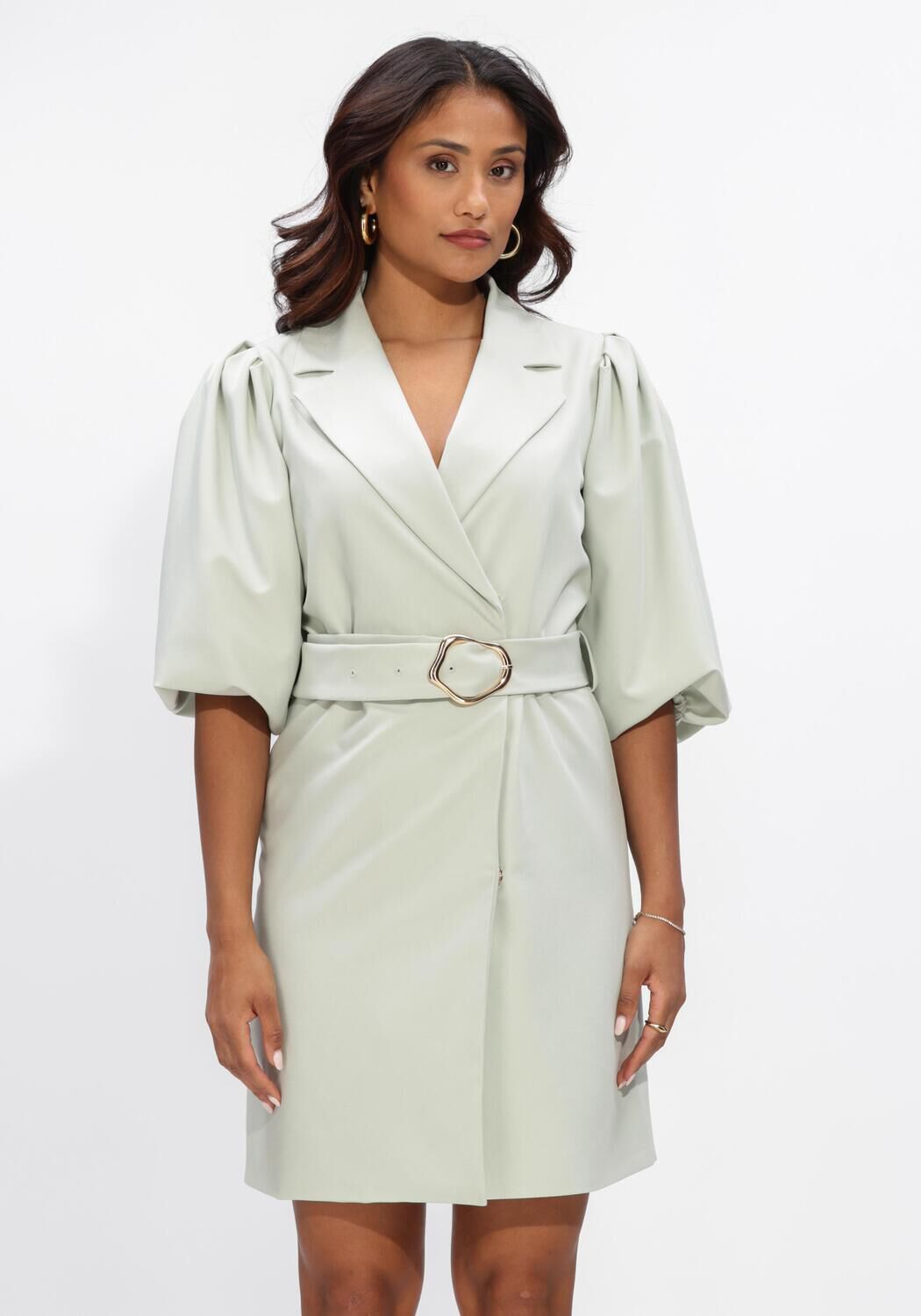 Pink Baby Ronda beltless blazer mini dress in sage green with tailored fit and stylish design, perfect for chic daytime wear.