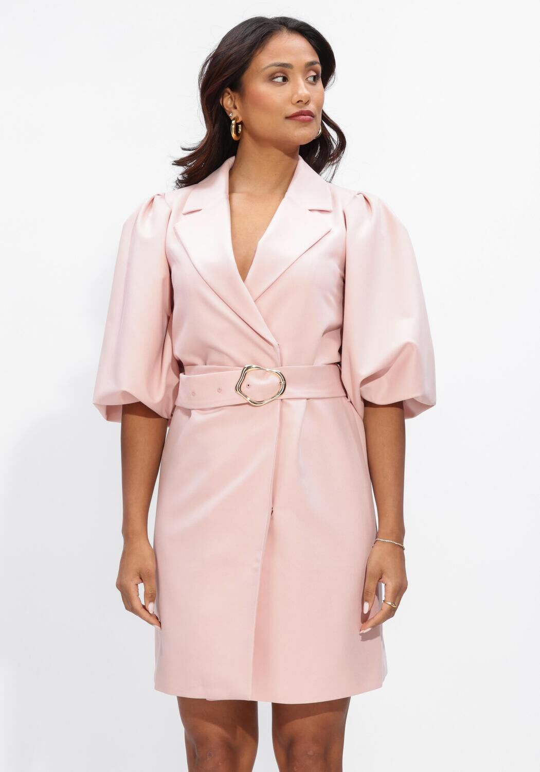 Pink Baby Arabella belted blazer mini dress in blush pink, featuring a tailored fit and stylish lapel collar.