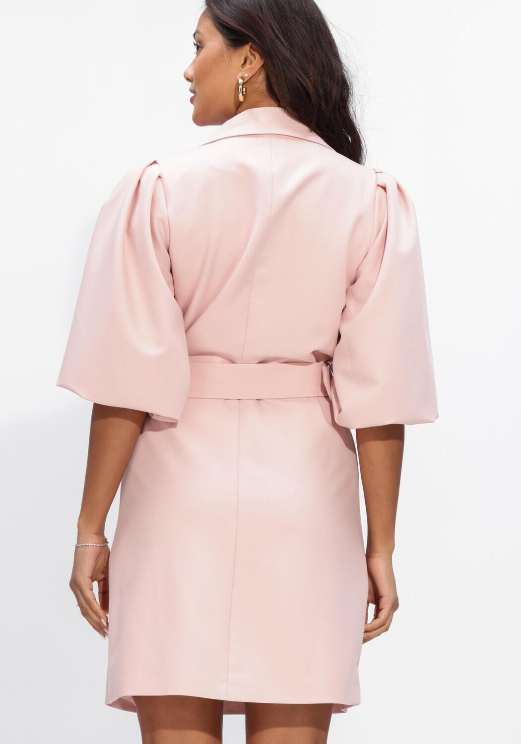 Pink Baby Arabella belted blazer mini dress in blush pink, featuring a tailored fit and stylish lapel collar.
