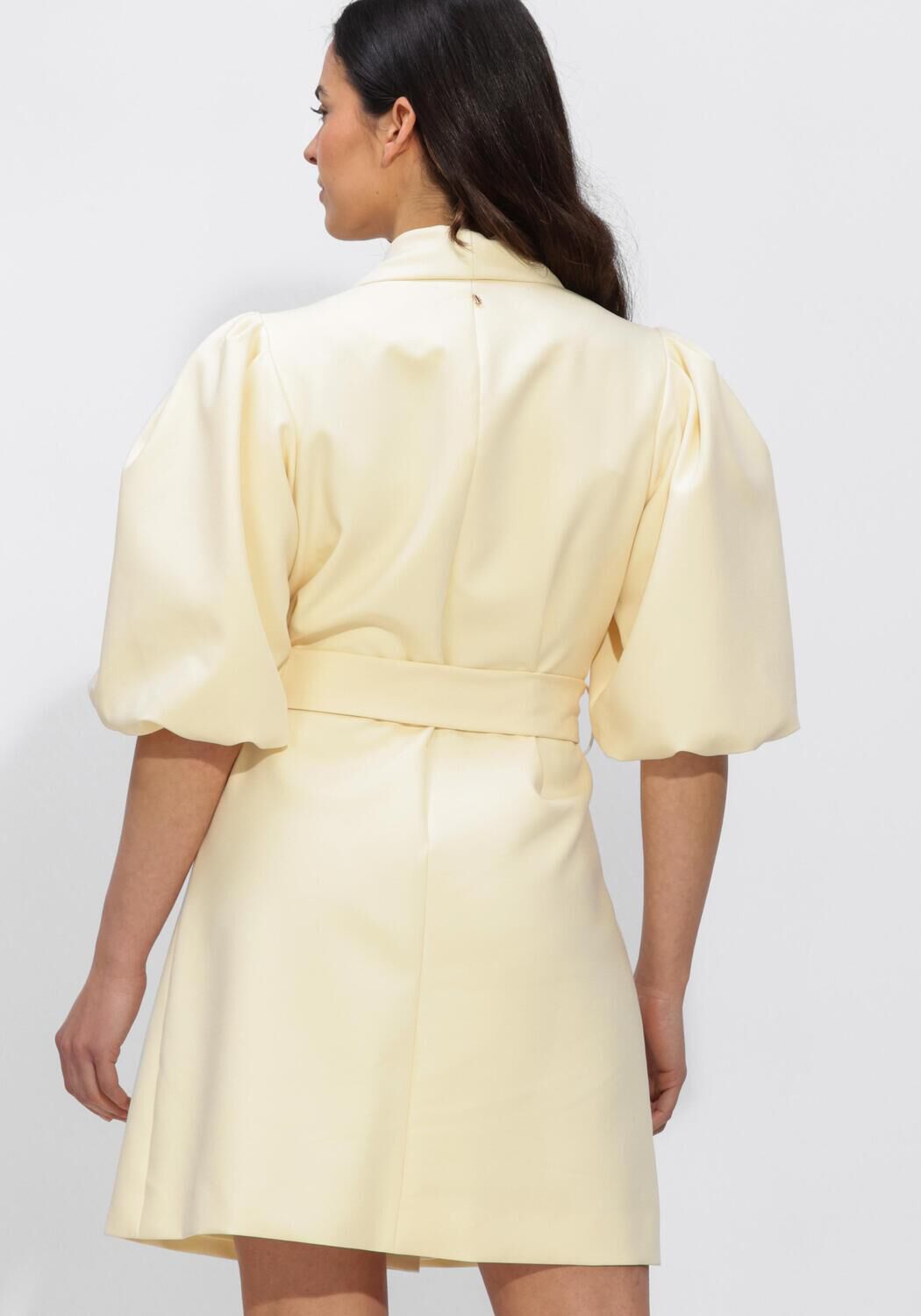 Pink Baby Audry belted blazer mini dress in soft ivory, featuring a tailored fit and stylish lapel collar.