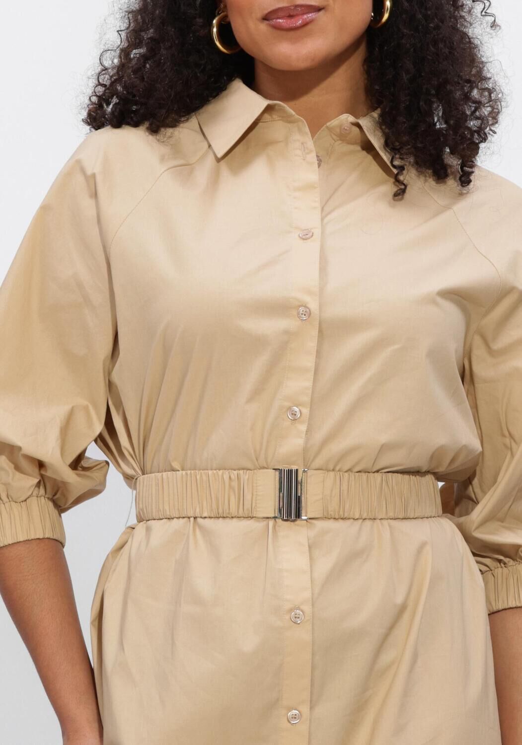 Pink Baby Sabine belted shirt maxi dress in sand beige, flowing fabric with a waist belt and long sleeves.