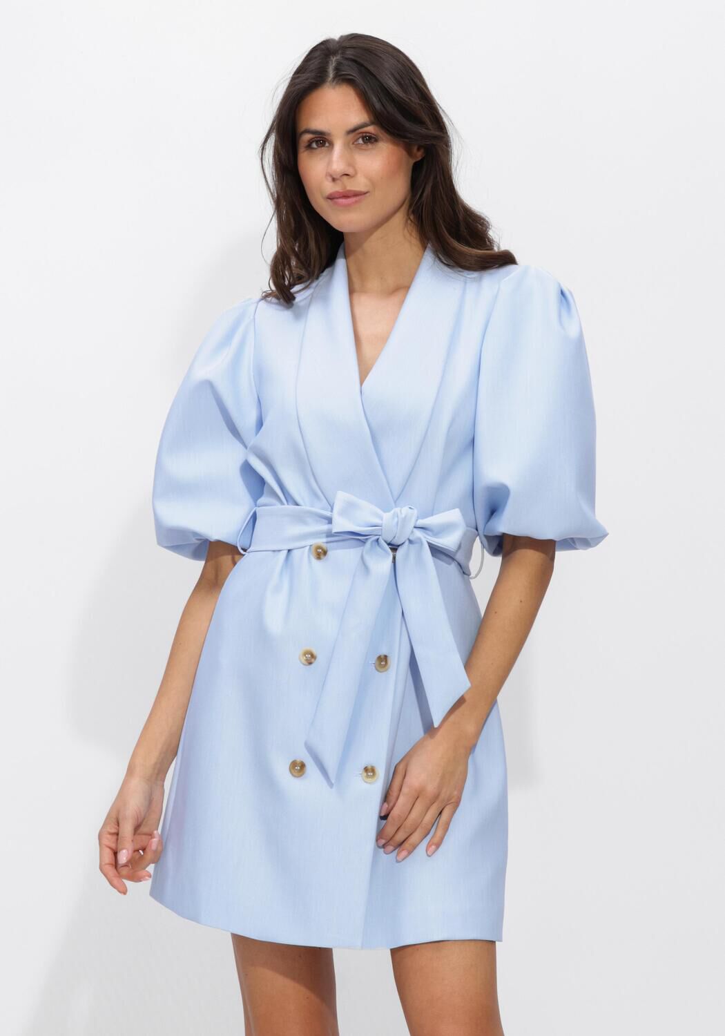 Pink Baby Serene Belted Blazer Mini Dress in powder blue, featuring a tailored blazer style and a belted waist design.