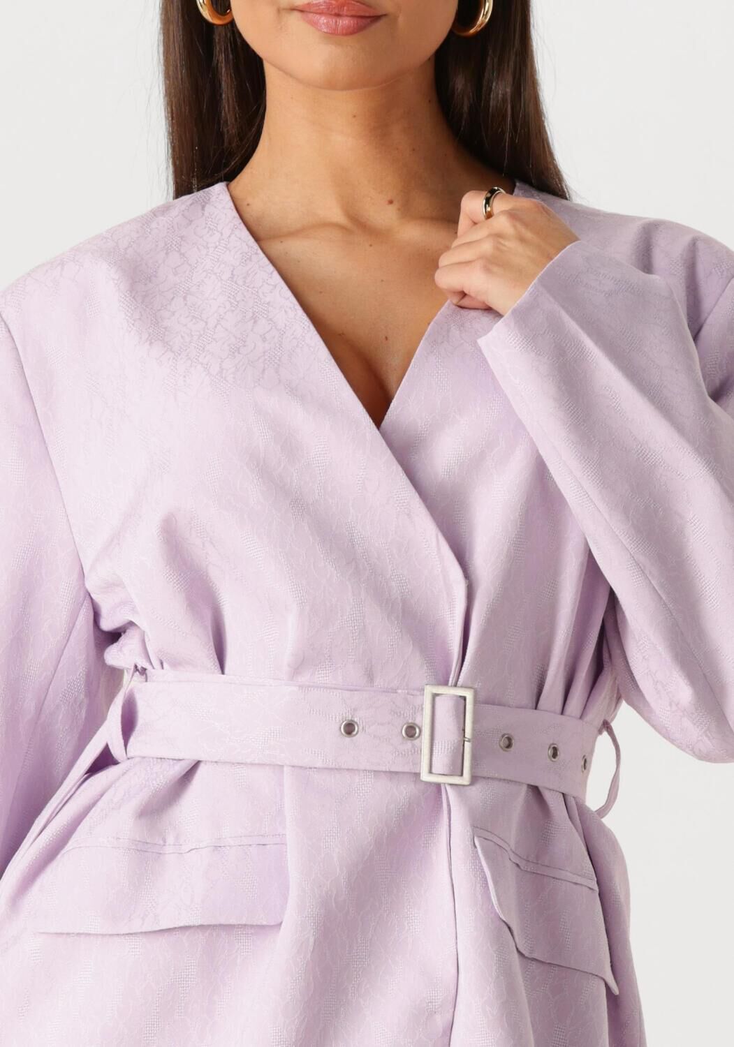 Pink Baby Paula belted blazer mini dress in lilac, featuring a tailored fit and stylish lapel collar.