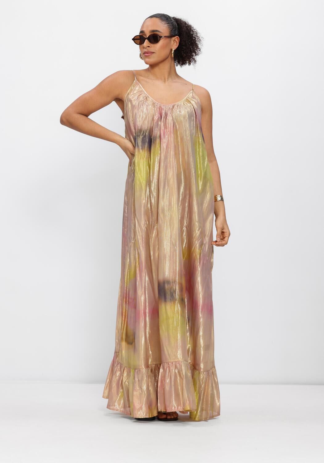 Pink Baby Lavinia metallic watercolour maxi dress in gold and pink, flowing fabric with a stylish design.