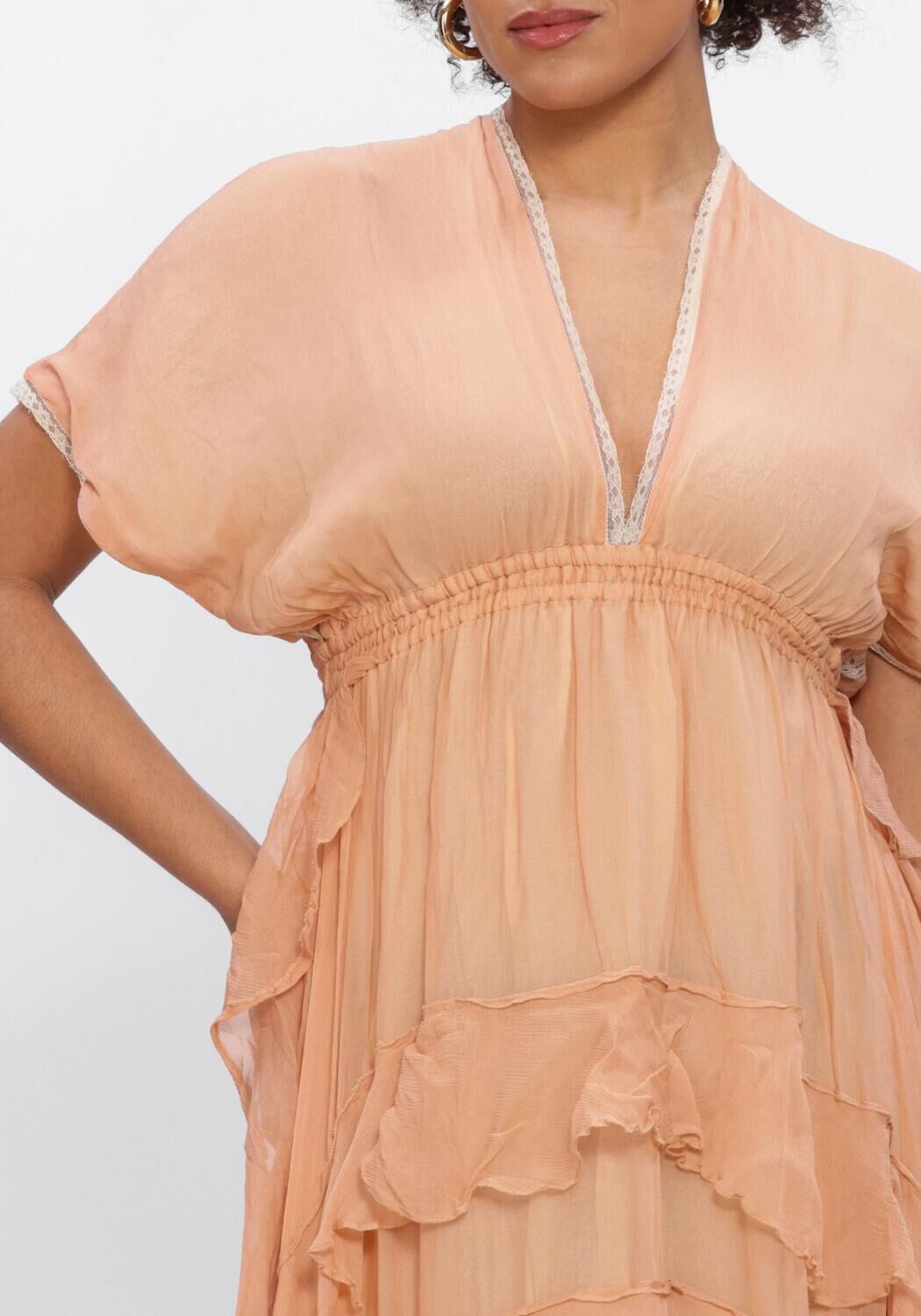 Pink Baby Amara tiered ruffle maxi dress in peach, featuring flowing fabric and layered ruffles, perfect for summer wear.