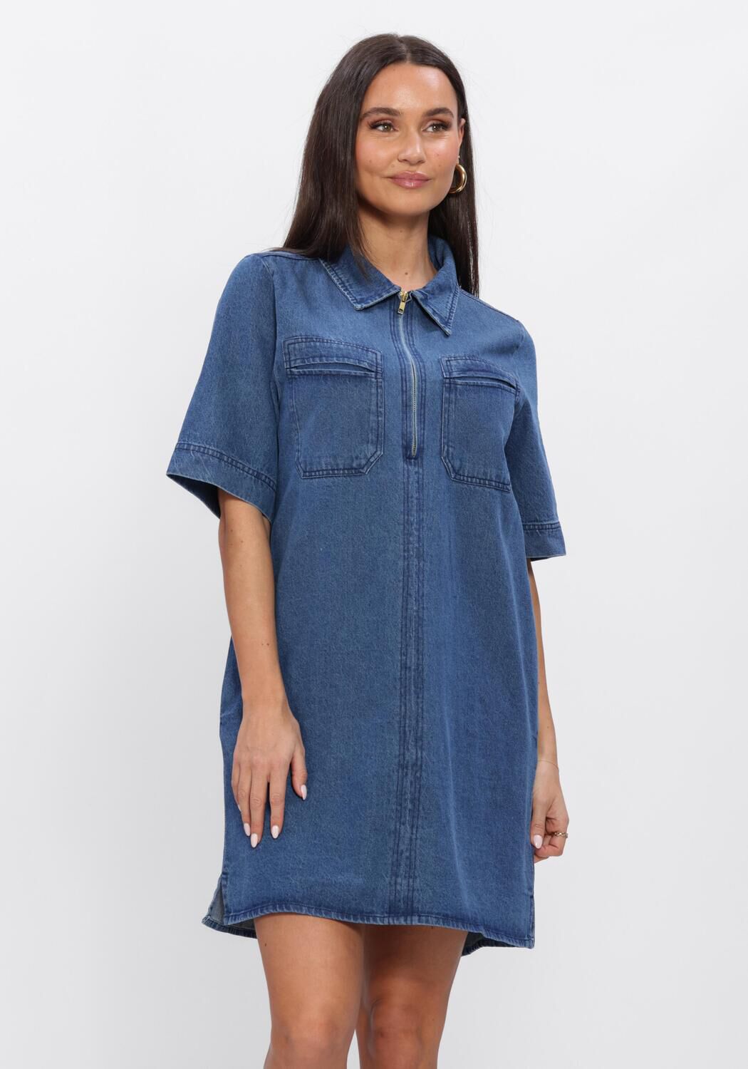 Pink Baby Senie zip-front denim mini dress in mid blue, featuring a stylish zip-up front and casual fit.