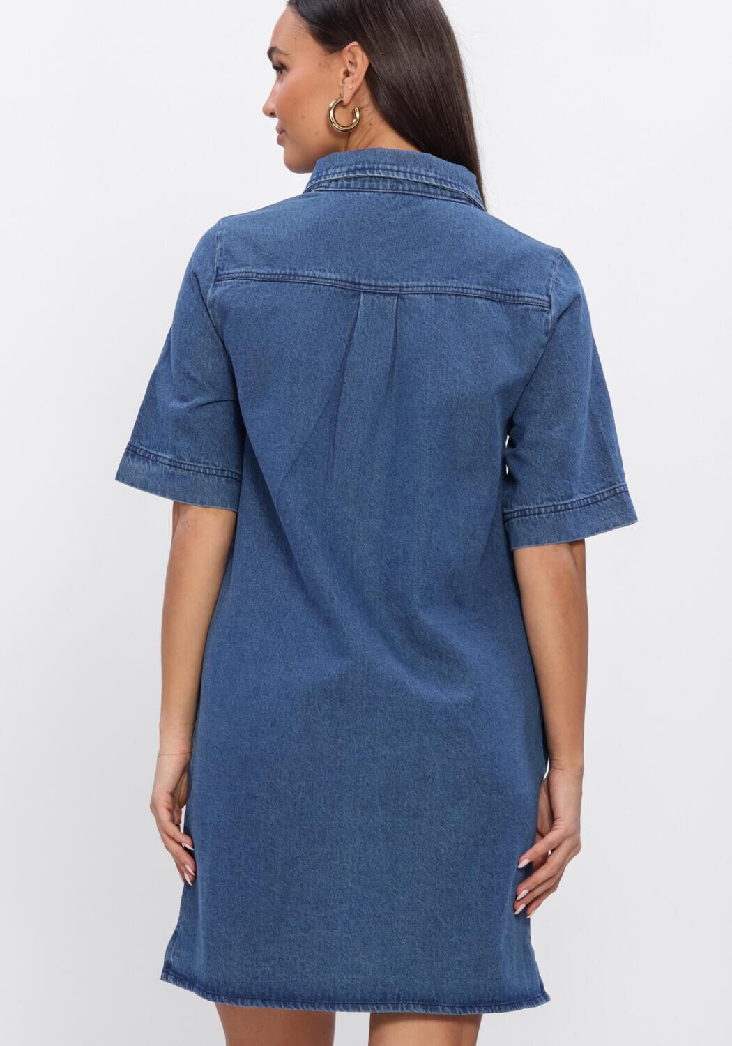 Pink Baby Senie zip-front denim mini dress in mid blue, featuring a stylish zip closure and classic denim design.