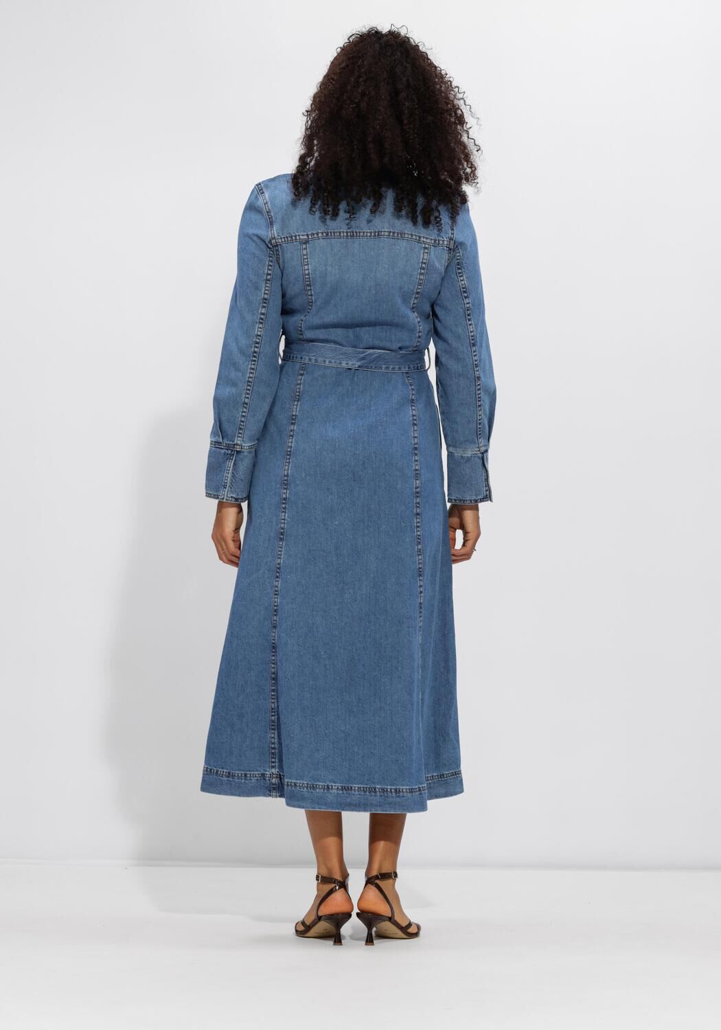 Pink Baby Caterina belted denim midi dress in mid blue, featuring a stylish waist belt and classic denim fabric.