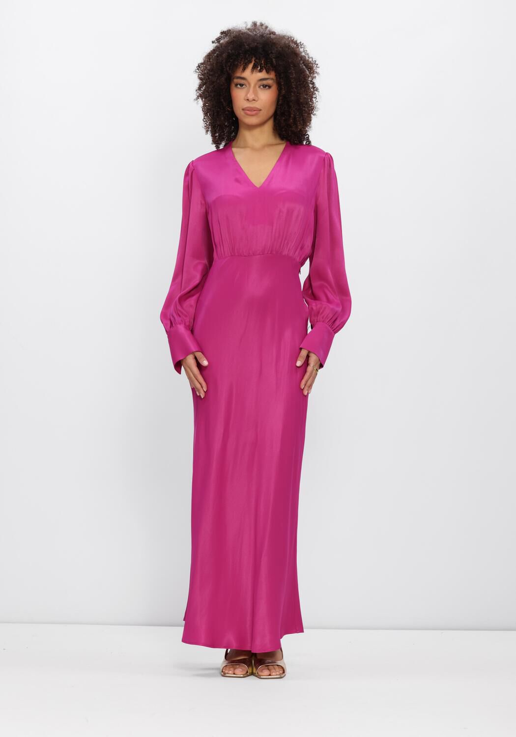 Pink Baby Fiorella satin V-neck maxi dress in fuchsia, flowing fabric and elegant design, perfect for formal occasions.