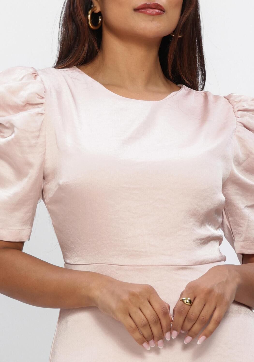 Pink Baby Maxine satin puff sleeve maxi dress in blush color, featuring elegant flowing fabric and stylish puffed sleeves.