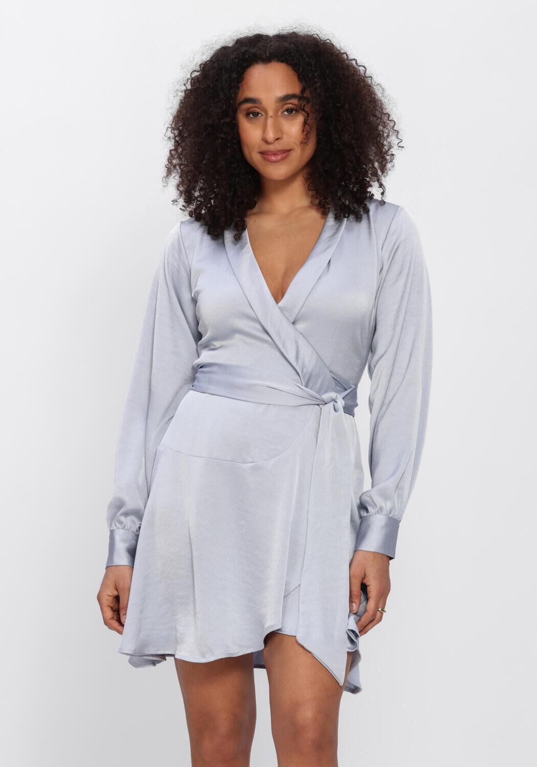 Pink Baby Ariana satin wrap mini dress in ice blue, featuring a stylish satin fabric and flattering wrap design.