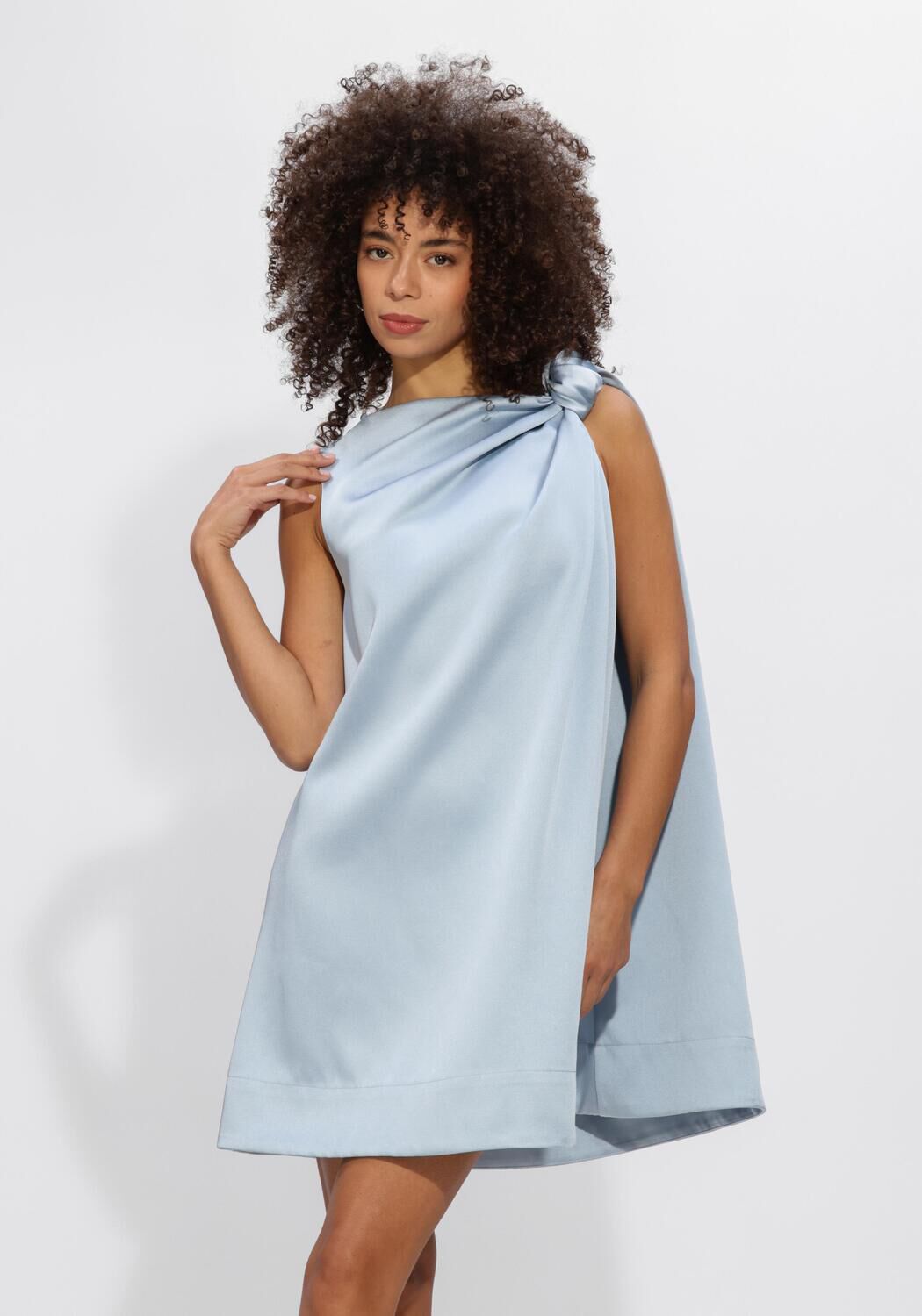 Powder blue Amelia knotted satin mini dress by Pink Baby, featuring a stylish knot detail and elegant satin fabric.